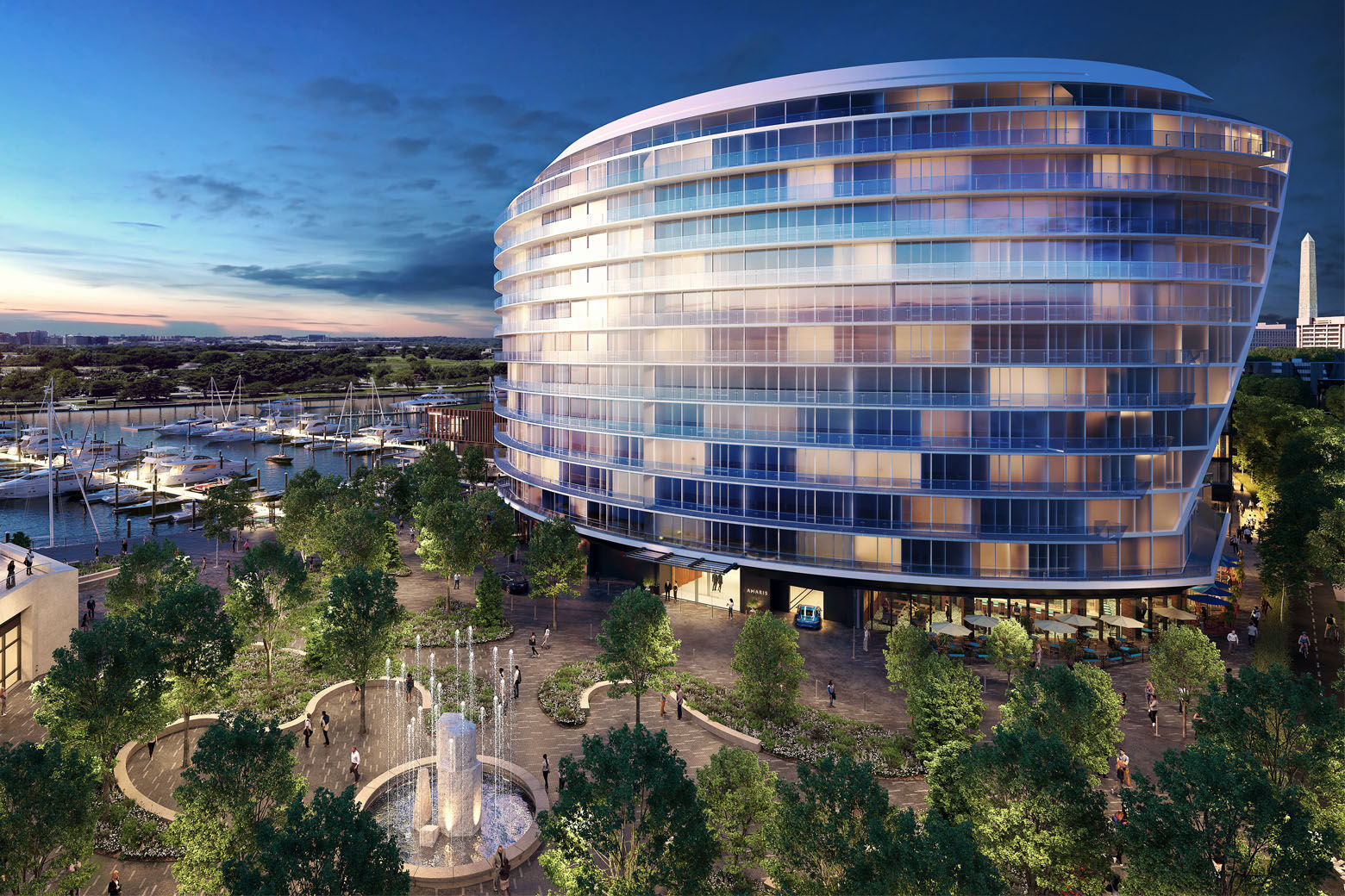 The 12-story, 96-unit waterfront Amaris condominium will add an unusual twist to Southwest D.C.’s skyline, with its curved, glass-walled design. (Courtesy Hoffman-Madison Waterfront)