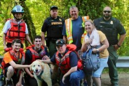 Dog surrounded by rescuers