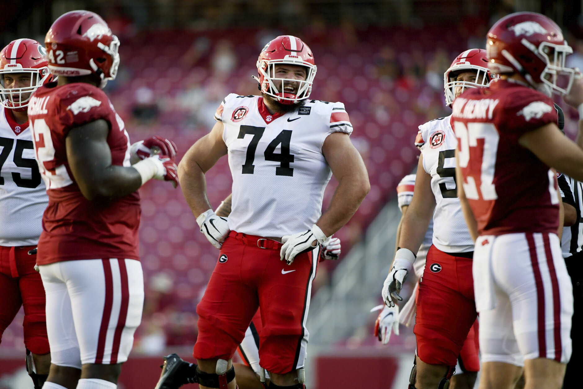 Georgia offensive lineman Ben Cleveland (74) against Arkansas during an NCAA college football game in Fayetteville, Ark. Saturday, Sept. 26, 2020. (AP Photo/Michael Woods)
