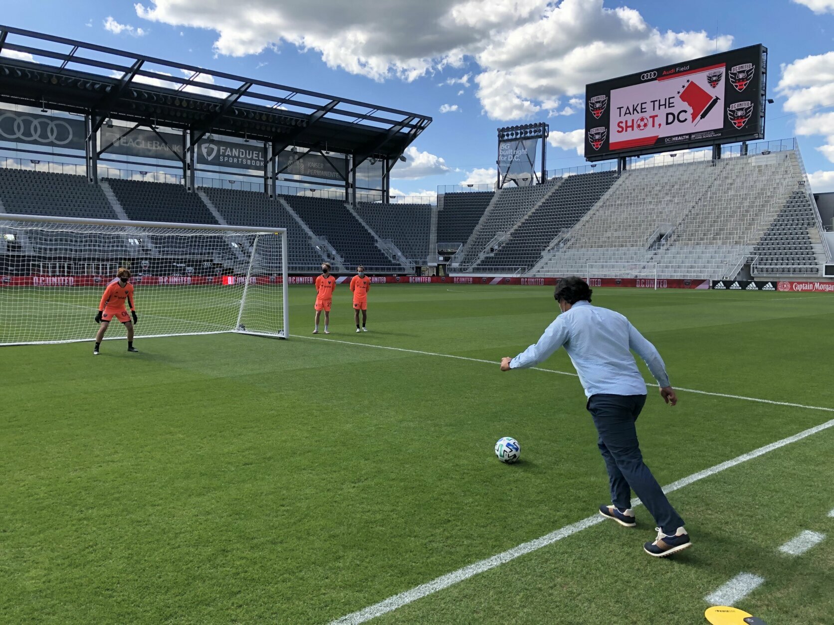 At DC United’s Audi Field on Wednesday, newly vaccinated residents got a chance to take a shot on target after they got a shot in the arm.
