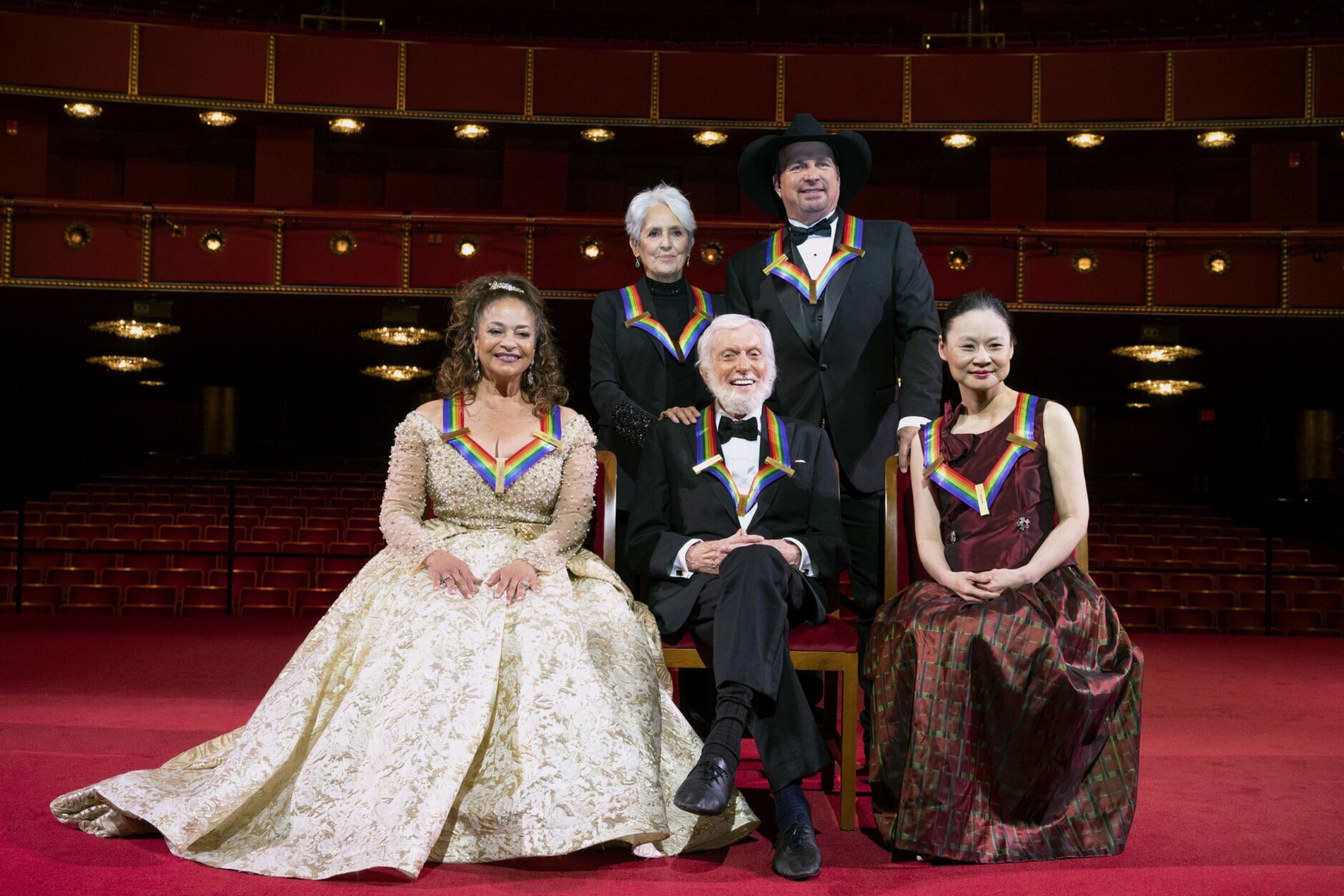 2020 Kennedy Center honorees, from left, choreographer, and actress Debbie Allen; singer-songwriter and activist Joan Baez; actor Dick Van Dyke; country singer-songwriter Garth Brooks; and violinist Midori pose for a group photos at the 43nd Annual Kennedy Center Honors at The Kennedy Center on Friday, May 21, 2021, in Washington. (AP Photo/Kevin Wolf)