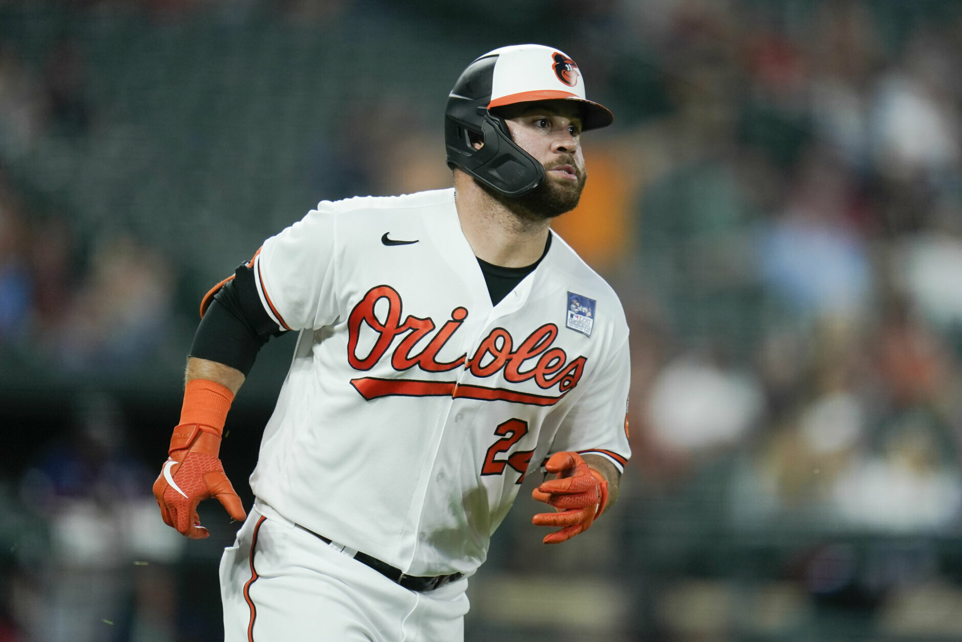 Baltimore Orioles' DJ Stewart watches his ball as he hits a two-run home run against Minnesota Twins starting pitcher Randy Dobnak during the fifth inning of a baseball game, Wednesday, June 2, 2021, in Baltimore. Orioles' Freddy Galvis scored on the home run. (AP Photo/Julio Cortez)