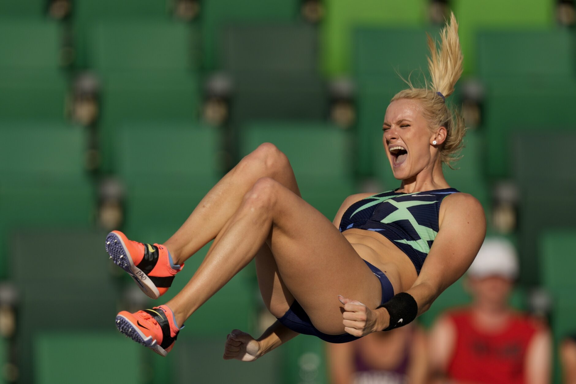 <p>Katie Nageotte celebrates during the finals of the women&#8217;s pole vault at the U.S. Olympic Track and Field Trials Saturday, June 26, 2021, in Eugene, Oregon.</p>
