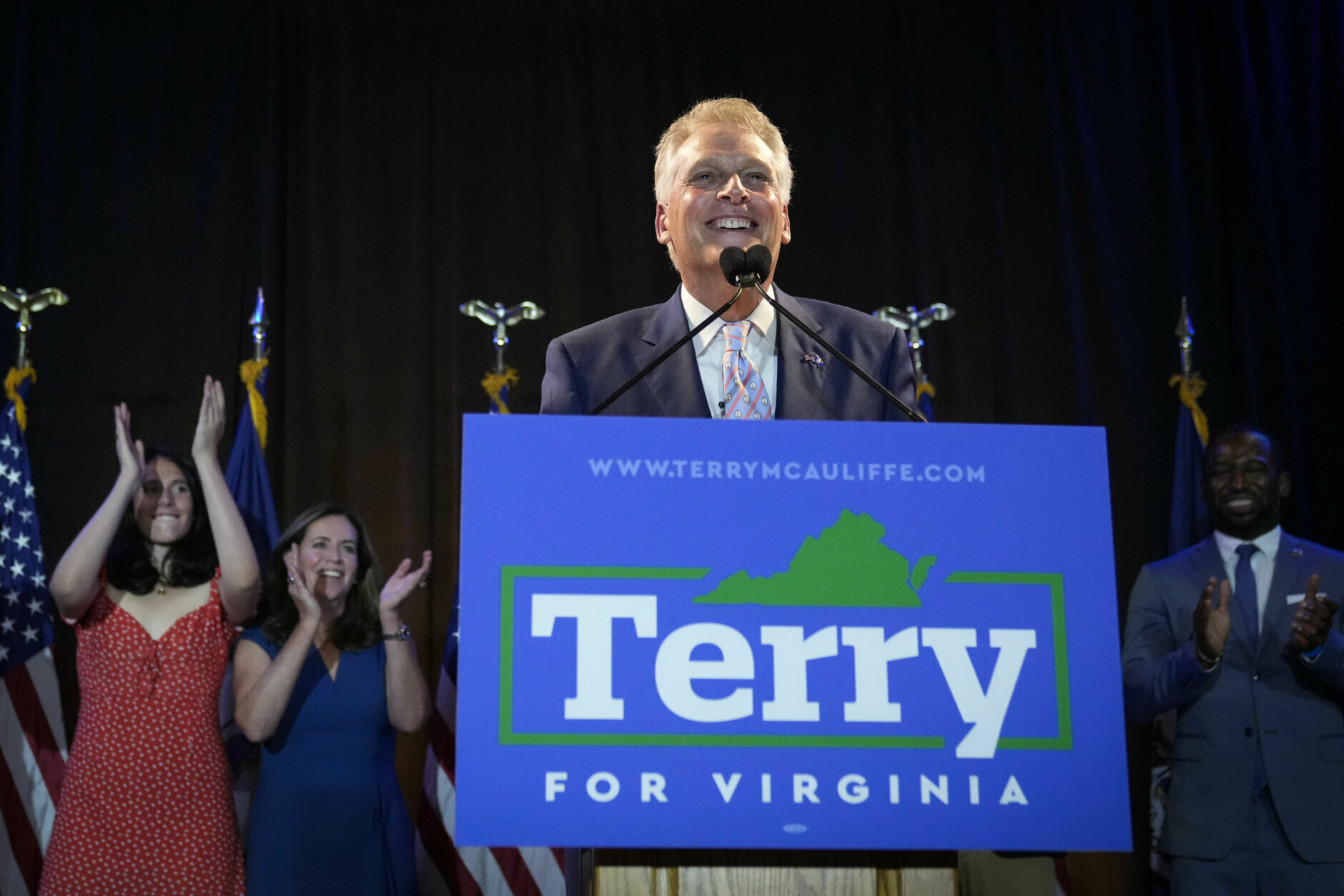 MCLEAN, VA - JUNE 8: Virginia gubernatorial candidate Terry McAuliffe (D-VA) speaks during an election night event after winning the Democratic primary for governor on June 8, 2021 in McLean, Virginia. McAuliffe will face Republican nominee Glenn Youngkin in the state's general election this fall. McAuliffe previously served as Virginia's governor from 2014-2018. (Photo by Drew Angerer/Getty Images)