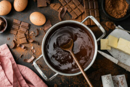 Top View of the process of cooking chocolate bakery pastry with melting chocolate. Ingredients for cooking chocolate