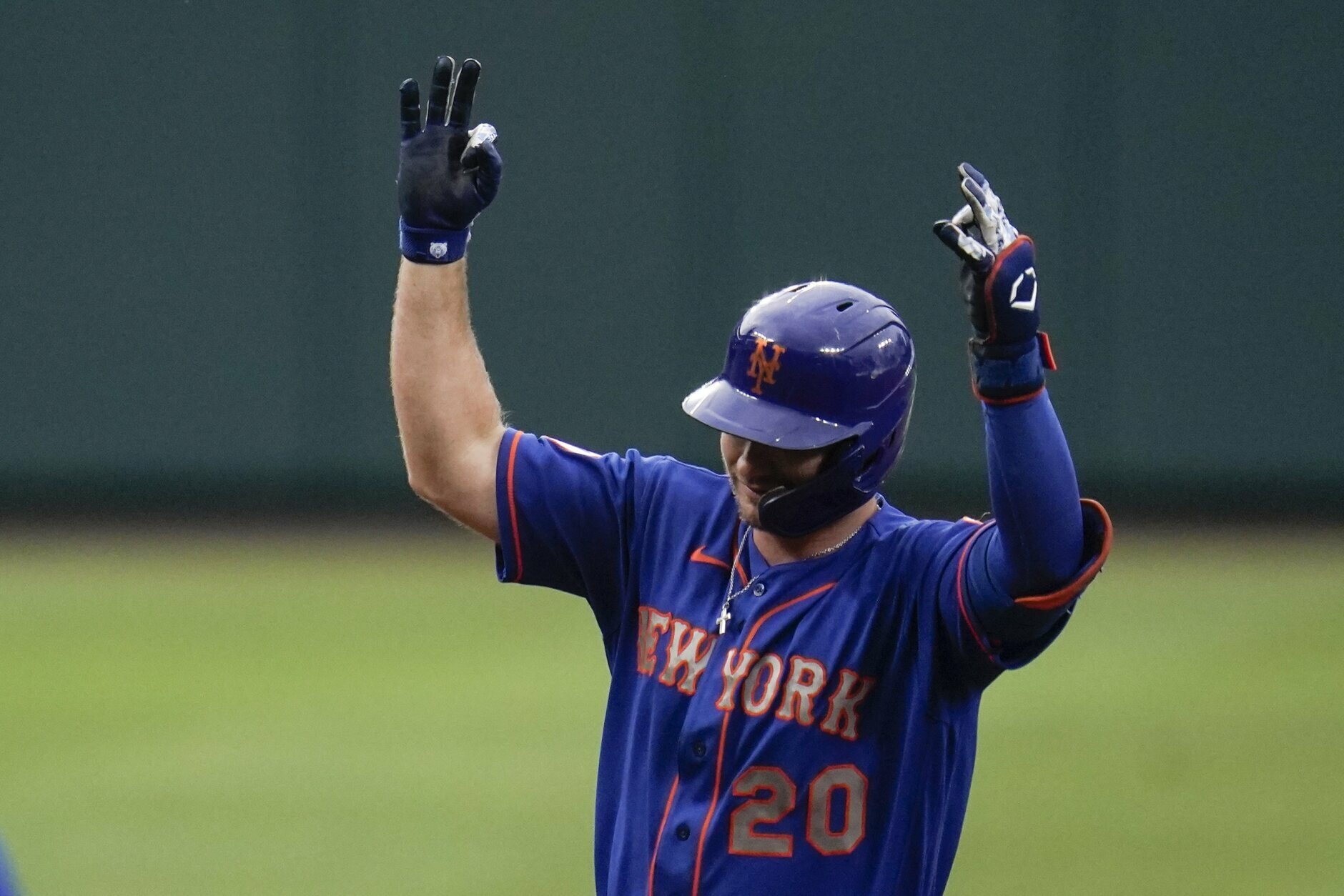New York Mets' Pete Alonso gestures while running the bases after hitting a two-run home run off Baltimore Orioles starting pitcher Matt Harvey during the first inning of a baseball game, Wednesday, June 9, 2021, in Baltimore. Mets' Francisco Lindor scored on the home run. (AP Photo/Julio Cortez)
