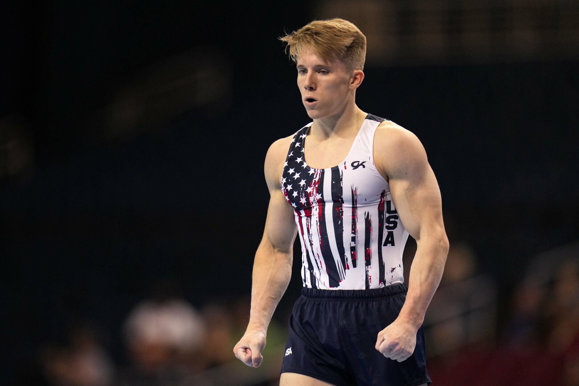 <p>Shane Wiskus reacts after competing in the floor exercise during the men&#8217;s U.S. Olympic Gymnastics Trials Thursday, June 24, 2021, in St. Louis.</p>
