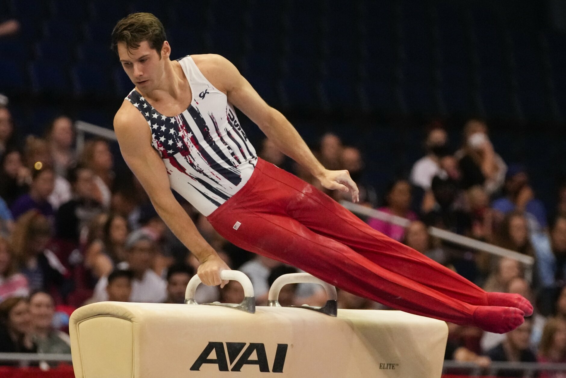 <p>Alec Yoder competes on the pommel horse during the men&#8217;s U.S. Olympic Gymnastics Trials Saturday, June 26, 2021, in St. Louis.</p>

