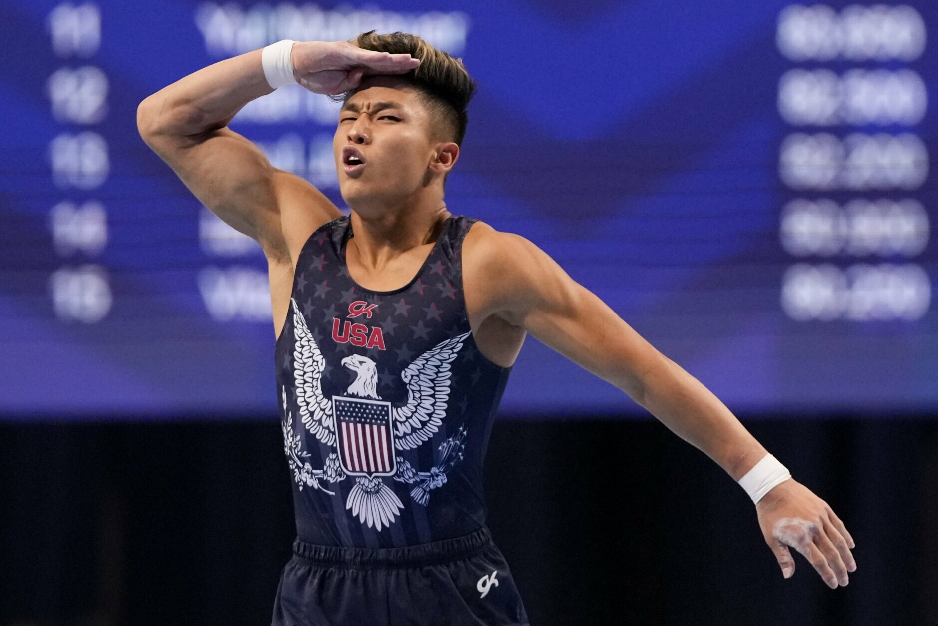 <p>Yul Moldauer celebrates his performance in the floor exercise during the men&#8217;s U.S. Olympic Gymnastics Trials Saturday, June 26, 2021, in St. Louis.</p>
