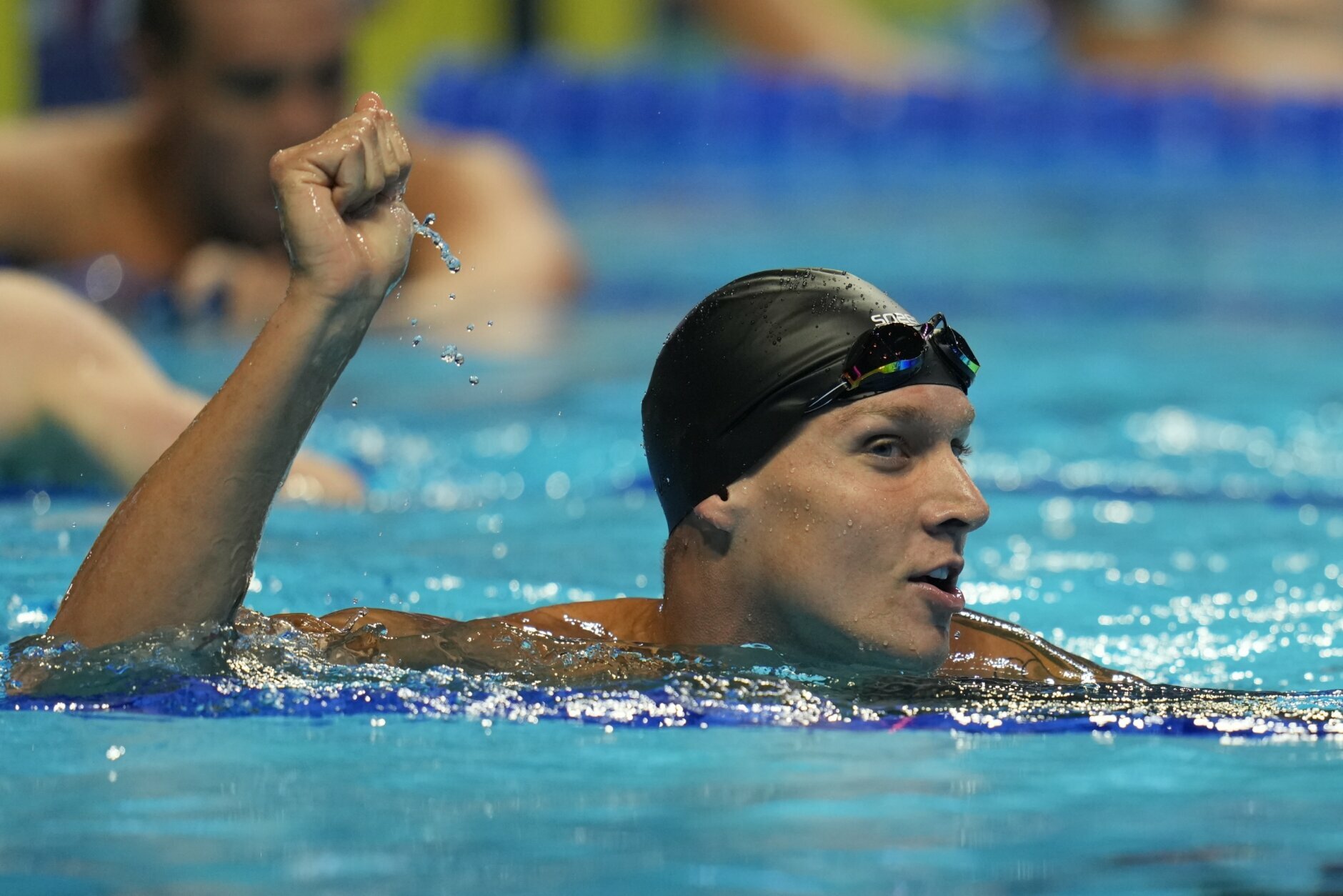 <p>Caeleb Dressel reacts after winning the men&#8217;s 100 butterfly during wave 2 of the U.S. Olympic Swim Trials on Saturday, June 19, 2021, in Omaha, Nebraska.</p>
