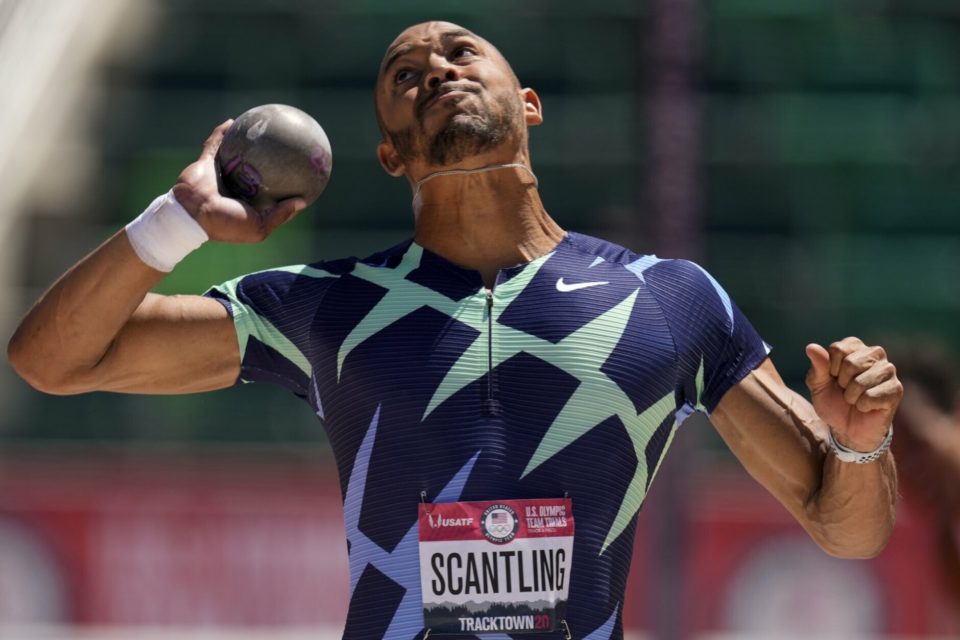 <p>Garrett Scantling competes during the decathlon shot put at the U.S. Olympic Track and Field Trials Saturday, June 19, 2021, in Eugene, Oregon.</p>
