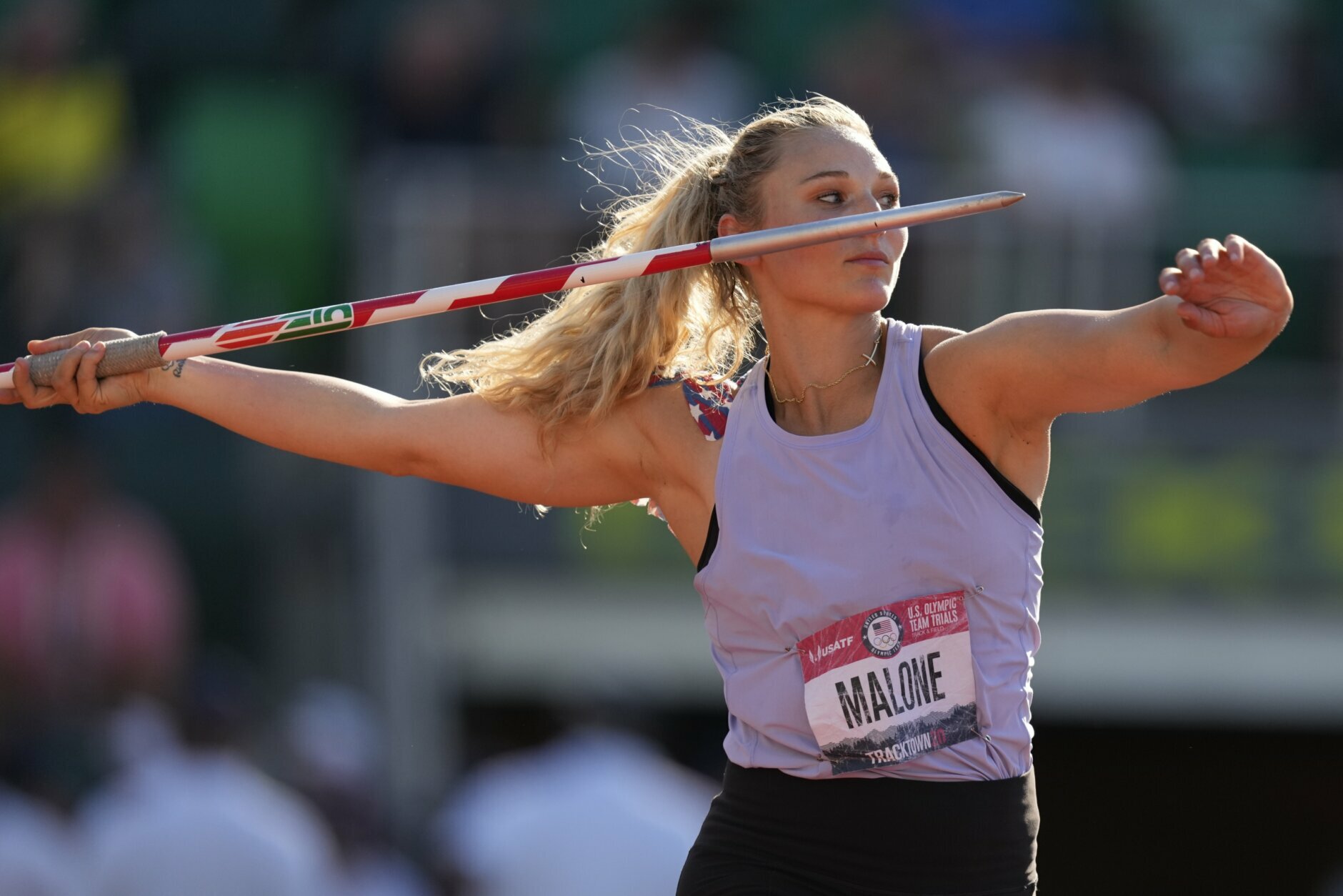 <p>Maggie Malone competes during the finals of the women&#8217;s javelin throw at the U.S. Olympic Track and Field Trials Saturday, June 26, 2021, in Eugene, Oregon.</p>
