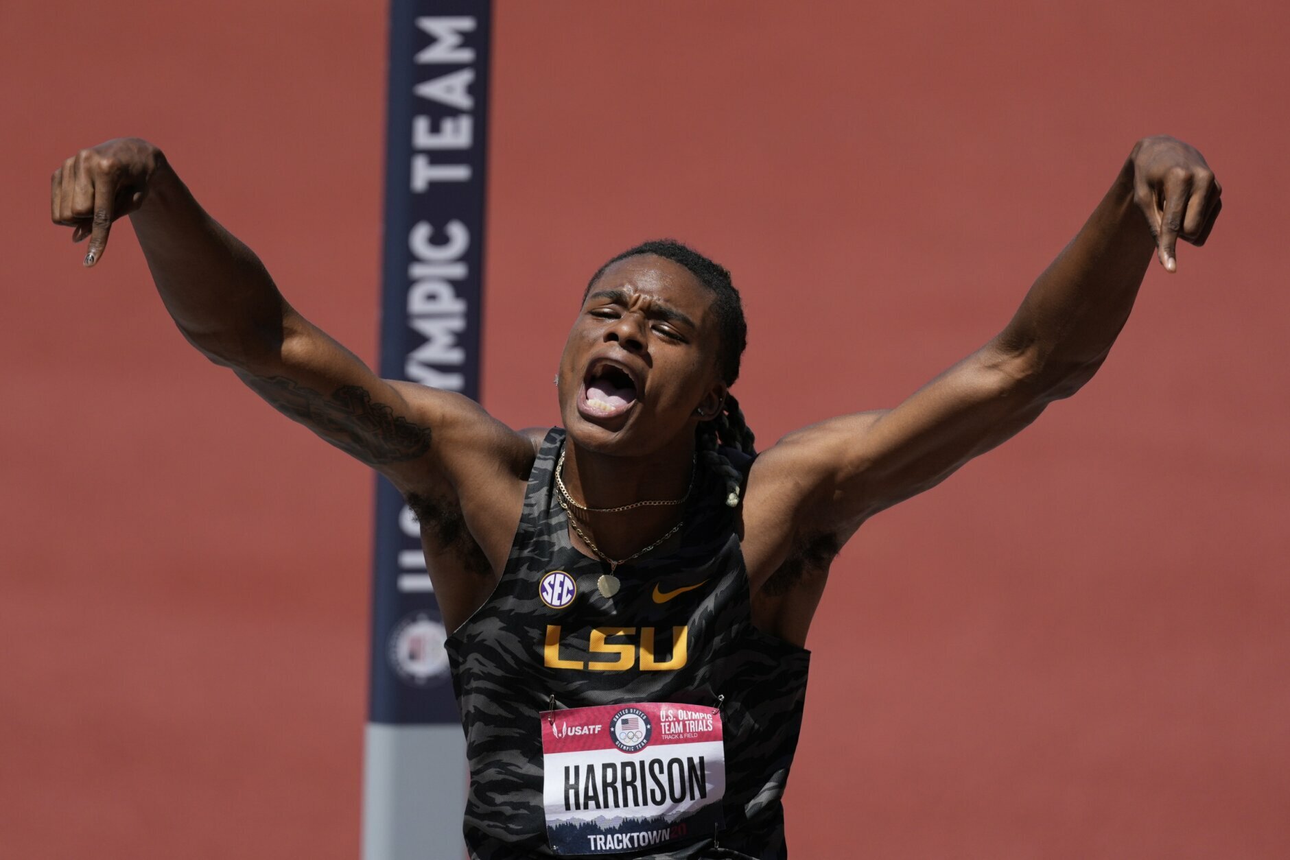 <p>JuVaughn Harrison celebrates during the finals of the men&#8217;s high jump at the U.S. Olympic Track and Field Trials Sunday, June 27, 2021, in Eugene, Oregon.</p>
