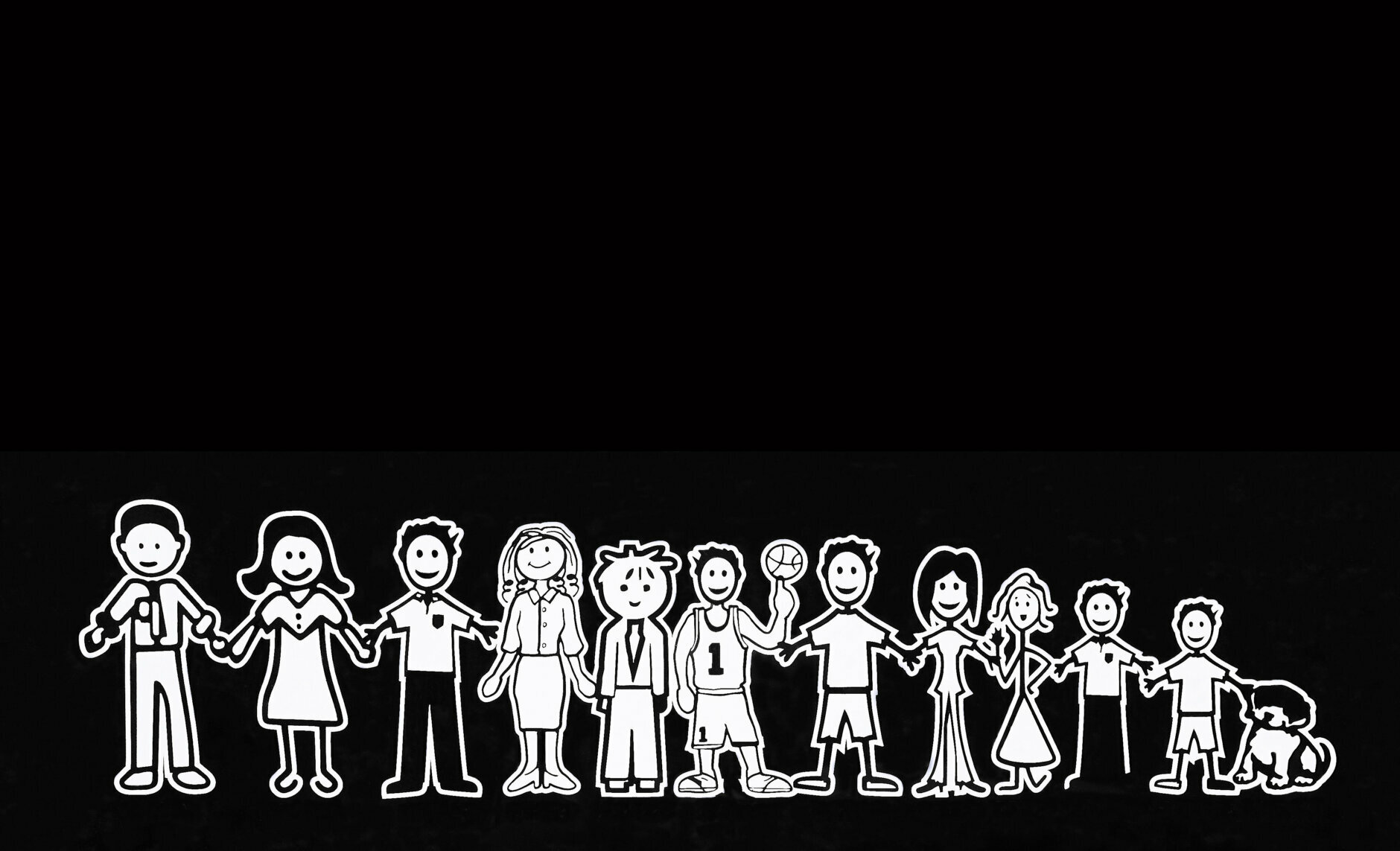 Photographic illustration of a complete family including dog pet standing next to each other and holding hands. Its in square format, and has a black background for copy space
