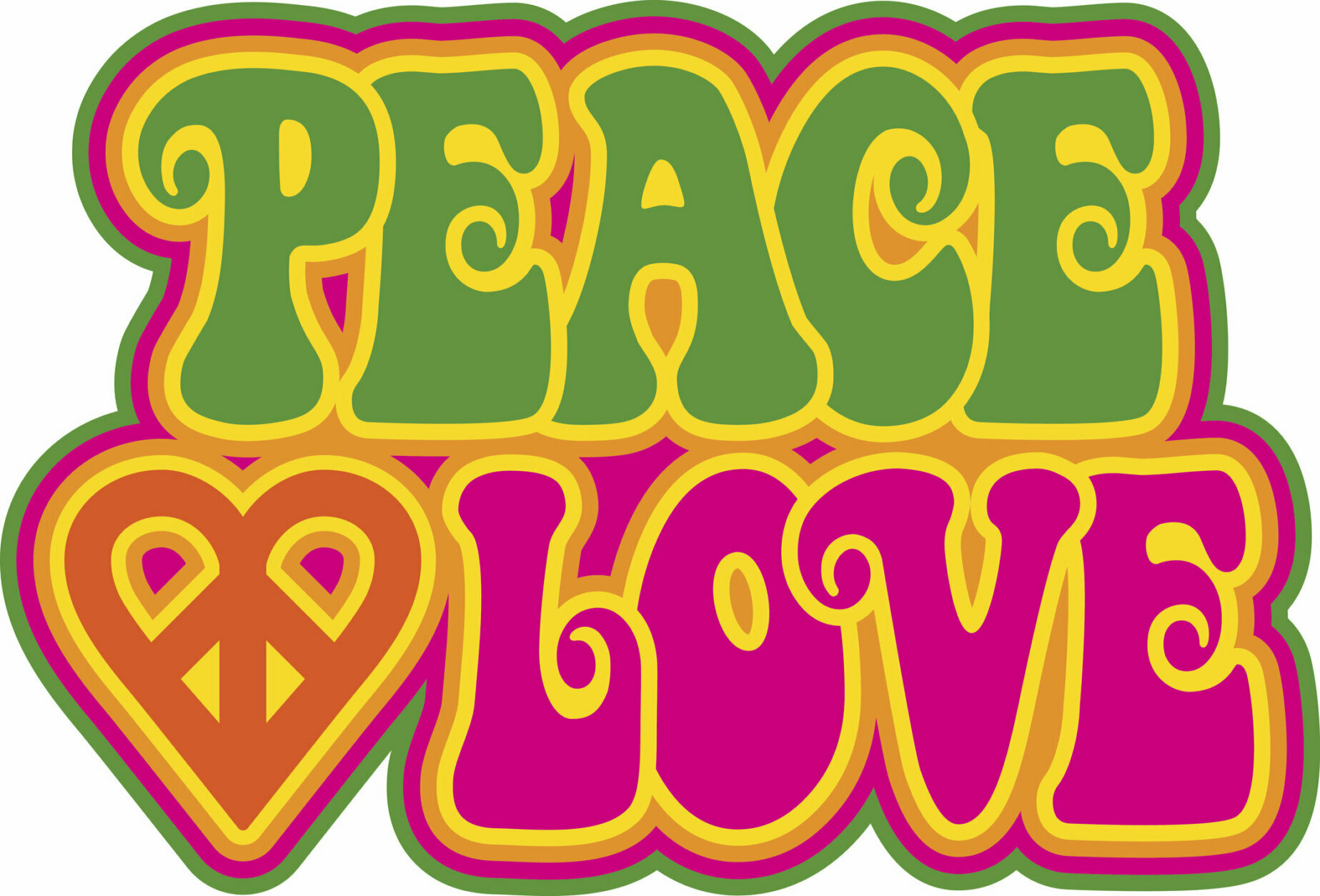 Peace and Love retro-styled outlined text design with a peace-heart symbol in green, magenta, orange and yellow. Type style is my own design.