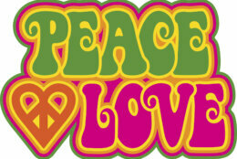Peace and Love retro-styled outlined text design with a peace-heart symbol in green, magenta, orange and yellow. Type style is my own design.
