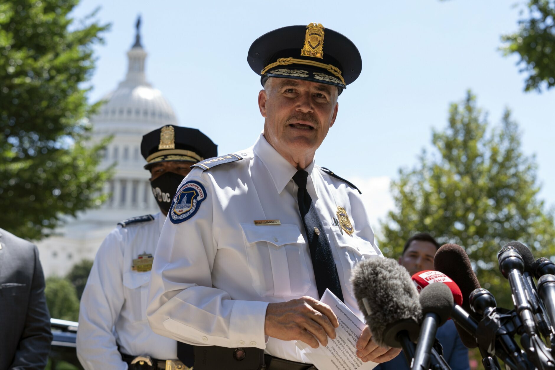 U.S. Capitol Police Chief J. Thomas Manger speaks to reporters about police investigation on a report of a possible explosive device in a pickup truck outside the Library of Congress, on Capitol Hill in Washington on Thursday, Aug. 19, 2021. (AP Photo/Jose Luis Magana)