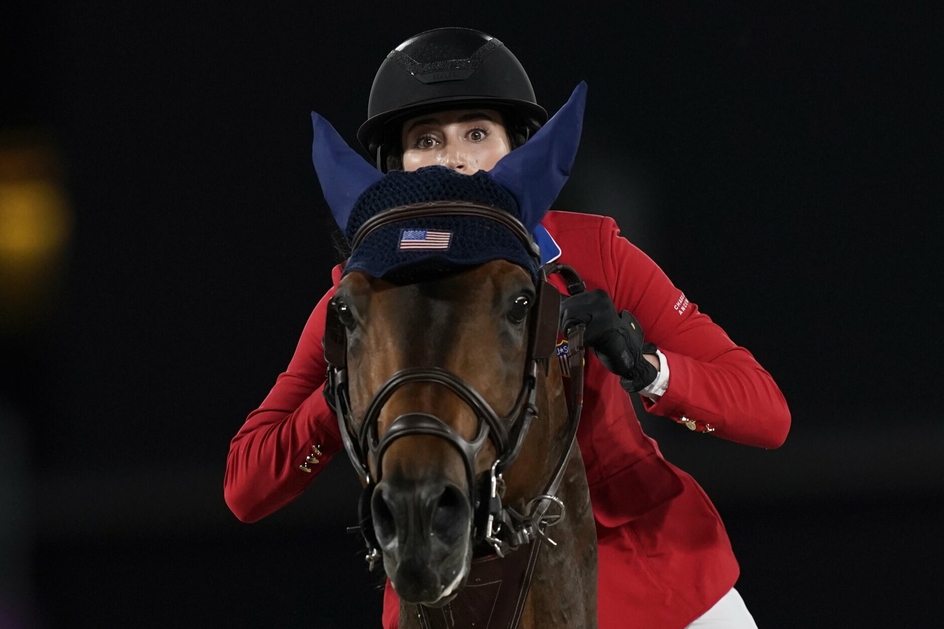United States' Jessica Springsteen, riding Don Juan van de Donkhoeve, competes during the equestrian jumping team qualifying at Equestrian Park in Tokyo at the 2020 Summer Olympics, Friday, Aug. 6, 2021, in Tokyo, Japan. (AP Photo/Carolyn Kaster)