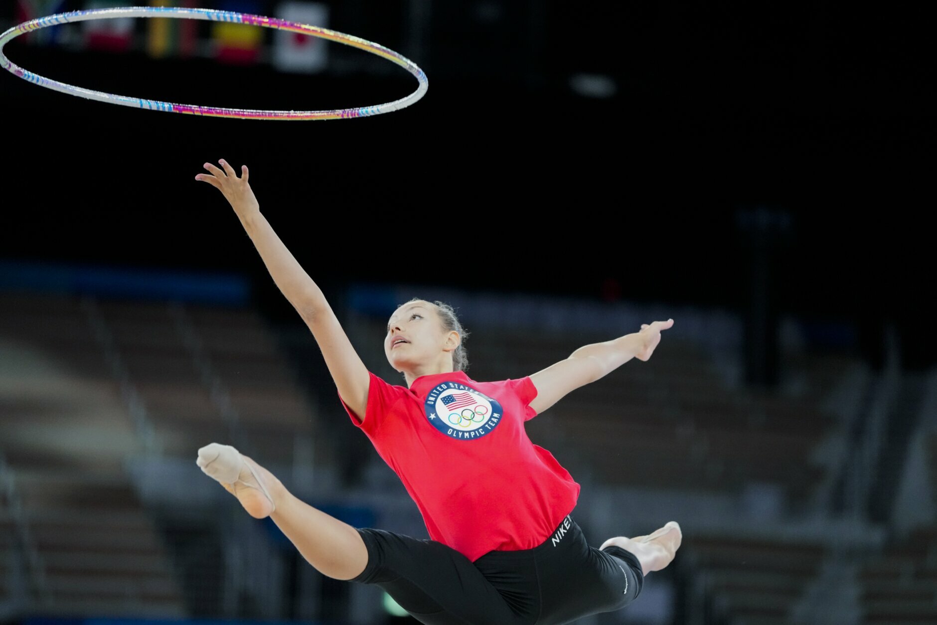 Evita Griskenas of the United States performs during a rhythmic gymnastics individual training session at the 2020 Summer Olympics, Thursday, Aug. 5, 2021, in Tokyo, Japan. (AP Photo/Markus Schreiber)