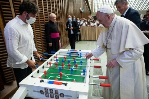 Soccer-loving Pope Francis gets a new toy: a foosball table
