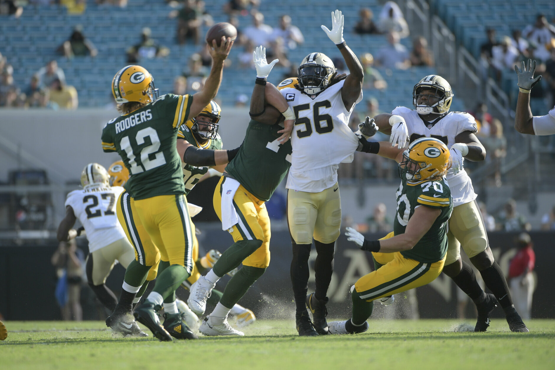 <p><b><i>Packers 3<br />
Saints 38</i></b></p>
<p>Jameis Winston did more than just represent New Orleans to the fullest in Jacksonville &#8212; dude threw five touchdowns on only 20 throws in his Saints debut, while the NO defense said no to Aaron Rodgers in the rudest way possible, notching as many takeaways as points allowed and dealing A-Rod his worst loss as a pro (no, seriously &#8230; <i><a href="https://twitter.com/PFF/status/1437181383428947971?s=20">the reigning MVP played worse than he would have if he weren&#8217;t trying at all</a></i>). This may just be the most stunning result of Week 1 and probably not the last &#8220;<a href="https://www.packers.com/news/kick-in-the-you-know-where-comes-early-for-packers" target="_blank" rel="noopener">kick in the you know where</a>&#8221; for the Packers this year.</p>
