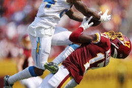 <p><b><i>Chargers 20<br />
Washington 16</i></b></p>
<p>First of all, look at that picture! Terry McLaurin actually caught that! I&#8217;ve seen <a href="https://twitter.com/espn/status/1437127880400461825?s=20" target="_blank" rel="noopener">the video</a> three times and still don&#8217;t believe it!</p>
<p>But like I said in <a href="https://wtop.com/nfl/2021/09/2021-nfc-east-preview/">last week&#8217;s NFL preview</a>: Things rarely turn out as well for the Burgundy and Gold as they look on paper.</p>
<p>Ryan Fitzpatrick didn&#8217;t even make it to halftime of his Washington debut and didn&#8217;t look particularly good for an underachieving offense even before his hip injury. The &#8220;vaunted&#8221; defense was carved up early and often, giving up a mindboggling 14 of 19 third down conversion rate. I know it&#8217;s only the first week of the season but a home loss to the Giants on a short turnaround could spell the beginning of a lost season in D.C.</p>
