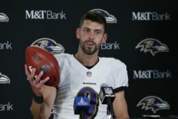 Baltimore Ravens kicker Justin Tucker speaks to the media after an NFL football game against the Detroit Lions in Detroit, Sunday, Sept. 26, 2021. Tucker kicked a 66-yard field goal to beat the Detroit Lions 19-17. (AP Photo/Duane Burleson)