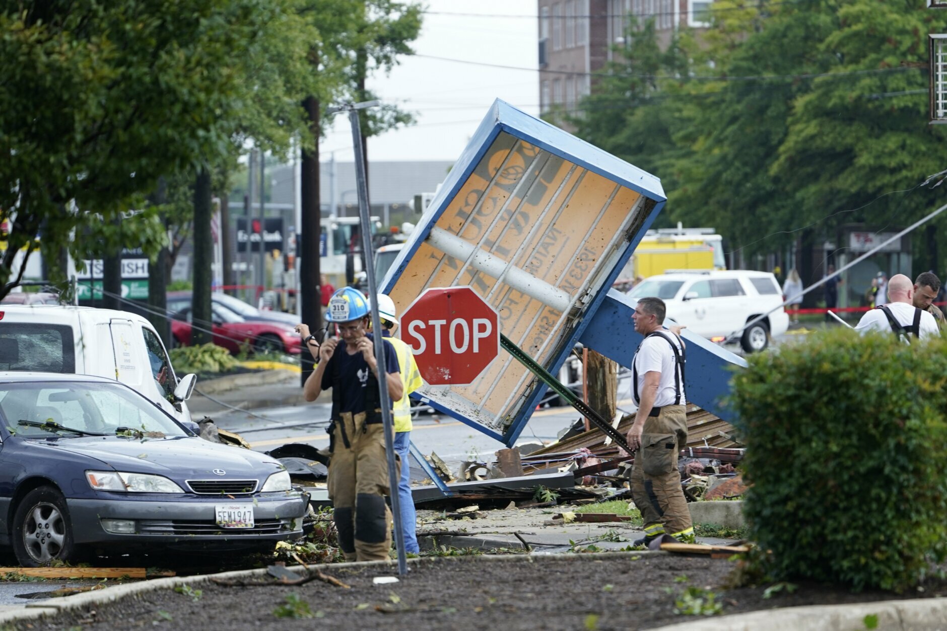 Debris is strewn along West Street in Annapolis, Md., Wednesday, Sept. 1, 2021, after severe weather moved through the area. (AP Photo/Susan Walsh)