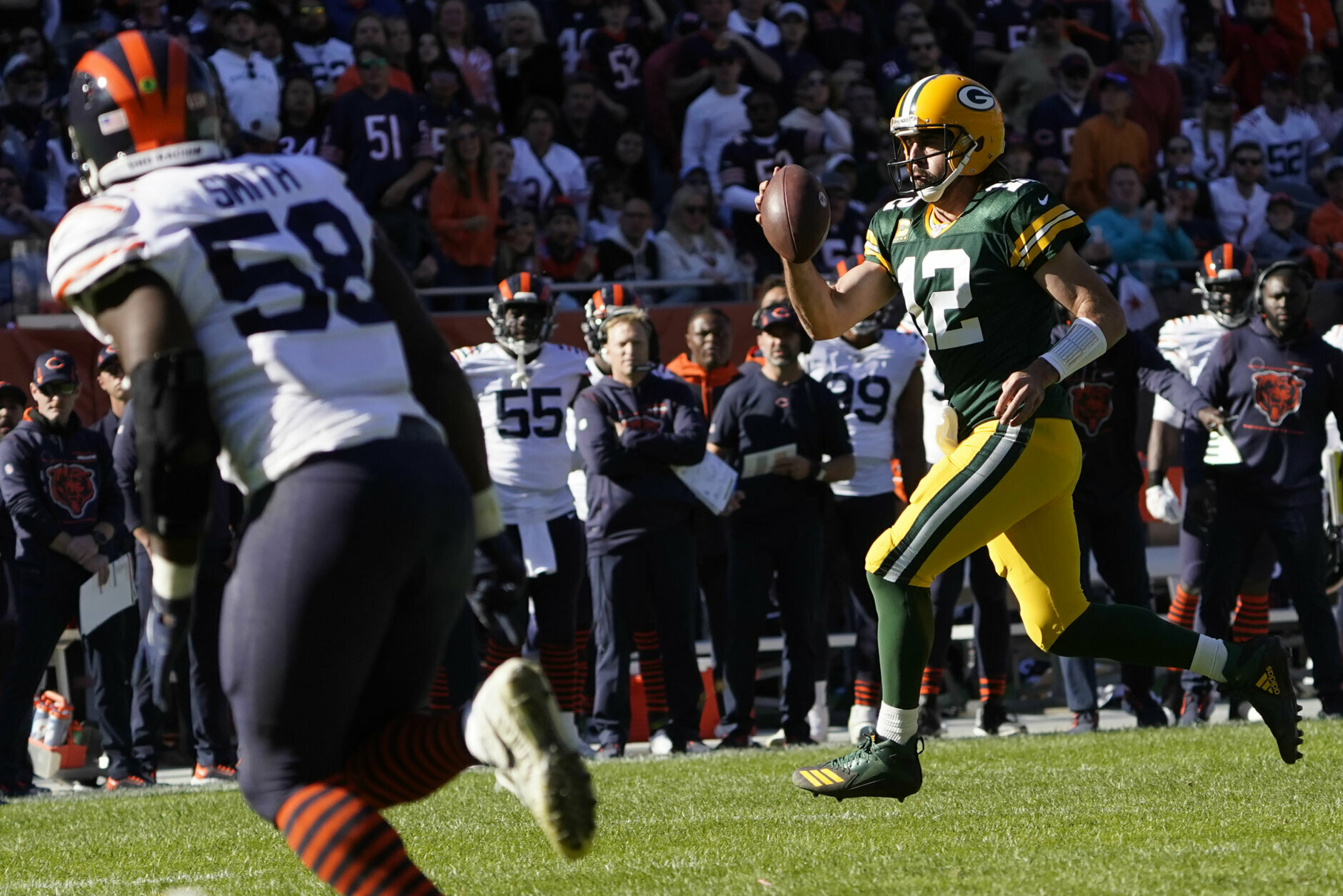 <p><b><i>Packers 24</i></b><br />
<b><i>Bears 14</i></b></p>
<p>Green Bay has won five straight, Aaron Rodgers&#8217; swag (<a href="https://www.espn.com/nfl/story/_/id/32419669/packers-qb-aaron-rodgers-taunts-jeering-bears-fans-game-clinching-td-run-own-you">and trash talk game</a>) is off the charts and the inept Washington defense is coming to Lambeau Field. If he owns the Bears, Rodgers is about to <a href="https://youtu.be/-JdCr_t1Rfg">Discount Double Check</a> all over the Burgundy and Gold.</p>
