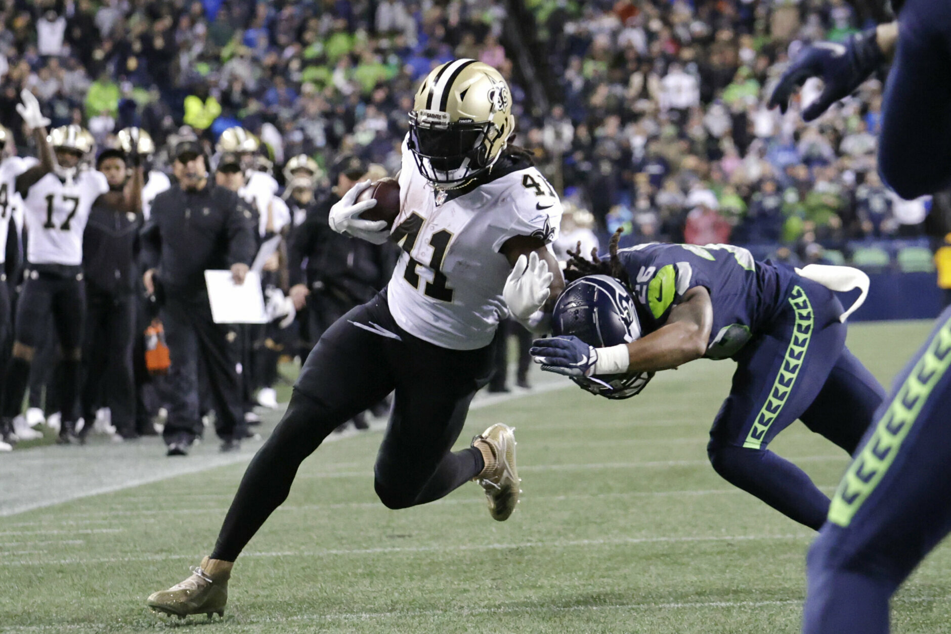 <p><b><i>Saints 13</i></b><br />
<b><i>Seahawks 10</i></b></p>
<p>I don&#8217;t know what was least surprising &#8212; <a href="https://twitter.com/PFTCommenter/status/1452800981331218442?s=20">Marshawn Lynch dropping the F-bomb on live TV</a> in the middle of<a href="https://www.youtube.com/watch?v=w2hOgbq2myA"> the Beast Quake Rematch</a> or New Orleans taking full advantage of Russell Wilson&#8217;s absence. Without Russ, Seattle is 0-3 at home for the first time since 1992 and their streak of four straight wins on Monday Night Football is over. If the Seahawks can&#8217;t manage a home win over the putrid Jaguars Sunday, Wilson might just win his first MVP for being absent.</p>
<p>But seriously, can we get Beast Mode in a booth somewhere? This man is straight up gold.</p>
<p>https://twitter.com/PFF/status/1452797436523687943?s=20</p>
