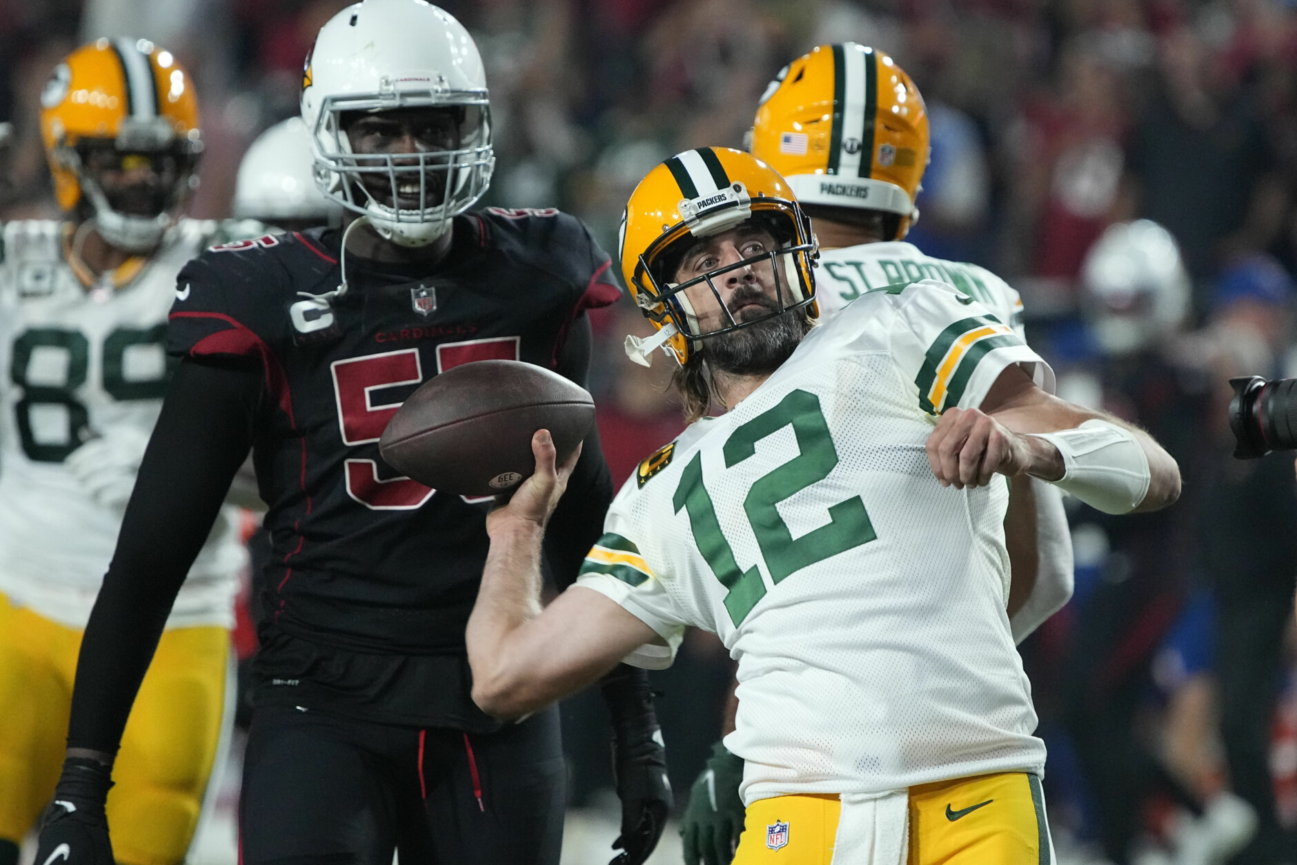 <p><b><i>Packers 24</i></b><br />
<b><i>Cardinals 21</i></b></p>
<p>At a time when <a href="https://profootballtalk.nbcsports.com/2021/10/28/kyler-murray-takes-big-step-in-year-3-with-passing-numbers-up-across-the-board/" target="_blank" rel="noopener">Kyler Murray was trending toward MVP numbers</a> and newcomer <a href="https://profootballtalk.nbcsports.com/2021/10/25/zach-ertz-we-have-a-lot-of-talent-ive-never-seen-so-much-green-grass-in-the-middle-of-the-field/" target="_blank" rel="noopener">Zach Ertz was frolicking in the middle of opposing defenses</a>, Green Bay put a stop to all that to deal the Cards their first loss and grab the inside track in the race for home field advantage in the NFC. This is Aaron Rodgers&#8217; world and we&#8217;re all just trespassing.</p>
