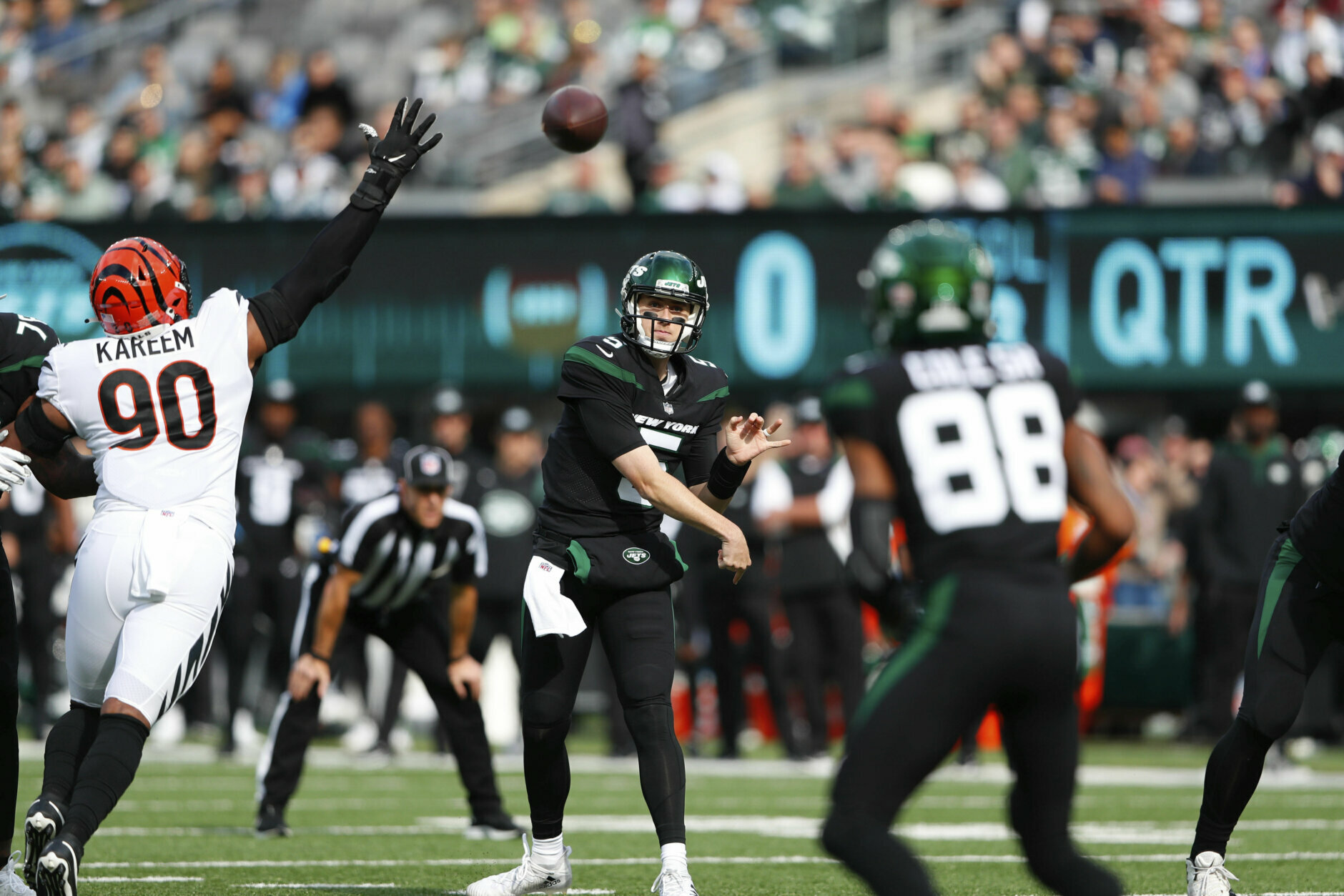 <p><b><i>Bengals 31</i></b><br />
<b><i>Jets 34</i></b></p>
<p>Who the hell is Mike White?</p>
<p>Well, he&#8217;s now the only quarterback since 1950 to throw for 400 yards and three touchdowns in his first career start — and, in the last 71 years, only Cam Newton has more passing yardage in his first career start. Maybe the Jets should include Zach Wilson if they do have <a href="https://profootballtalk.nbcsports.com/2021/10/28/robert-saleh-on-trade-deadline-were-not-looking-for-a-fire-sale/" target="_blank" rel="noopener">an &#8220;everything must go&#8221; fire sale</a>.</p>
<p>Meanwhile, in Cincinnati …</p>
<div class="video-container"><iframe loading="lazy" title="oh no! we suck again" width="500" height="375" src="https://www.youtube.com/embed/qi1LMIUOOAI?feature=oembed" frameborder="0" allow="accelerometer; autoplay; clipboard-write; encrypted-media; gyroscope; picture-in-picture" allowfullscreen></iframe></div>

