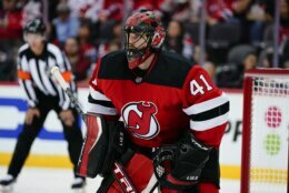 New Jersey Devils goaltender Scott Wedgewood (41) stands in front of the net during the second period of the team's NHL hockey game against the Washington Capitals on Thursday, Oct. 21, 2021, in Newark, N.J. (AP Photo/Frank Franklin II)