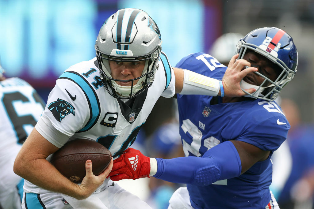 <p><b><i>Panthers 3</i></b><br />
<b><i>Giants 25</i></b></p>
<p>A week before Halloween, <a href="https://www.youtube.com/watch?v=BpmxUoCrHzU">Sam Darnold was seeing ghosts in New York just like old times</a> and <a href="https://twitter.com/espn/status/1452351238272651274?s=21">Daniel Jones was impersonating Odell Beckham Jr.</a> Carolina&#8217;s <a href="https://profootballtalk.nbcsports.com/2021/10/18/matt-rhule-we-have-to-figure-out-our-identity-without-christian-mccaffrey/">search for an identity sans Christian McCaffrey</a> continues to be a painful process for the Panthers. Whether that identity <a href="https://profootballtalk.nbcsports.com/2021/10/24/dolphins-panthers-are-the-deshaun-watson-trade-destinations/">includes Deshaun Watson</a> remains to be seen.</p>
