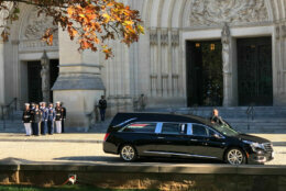 The hearse carrying the body of Colin Powell arrives at the Washington National Cathedral Nov. 5, 2021. (WTOP/Valerie Bonk)