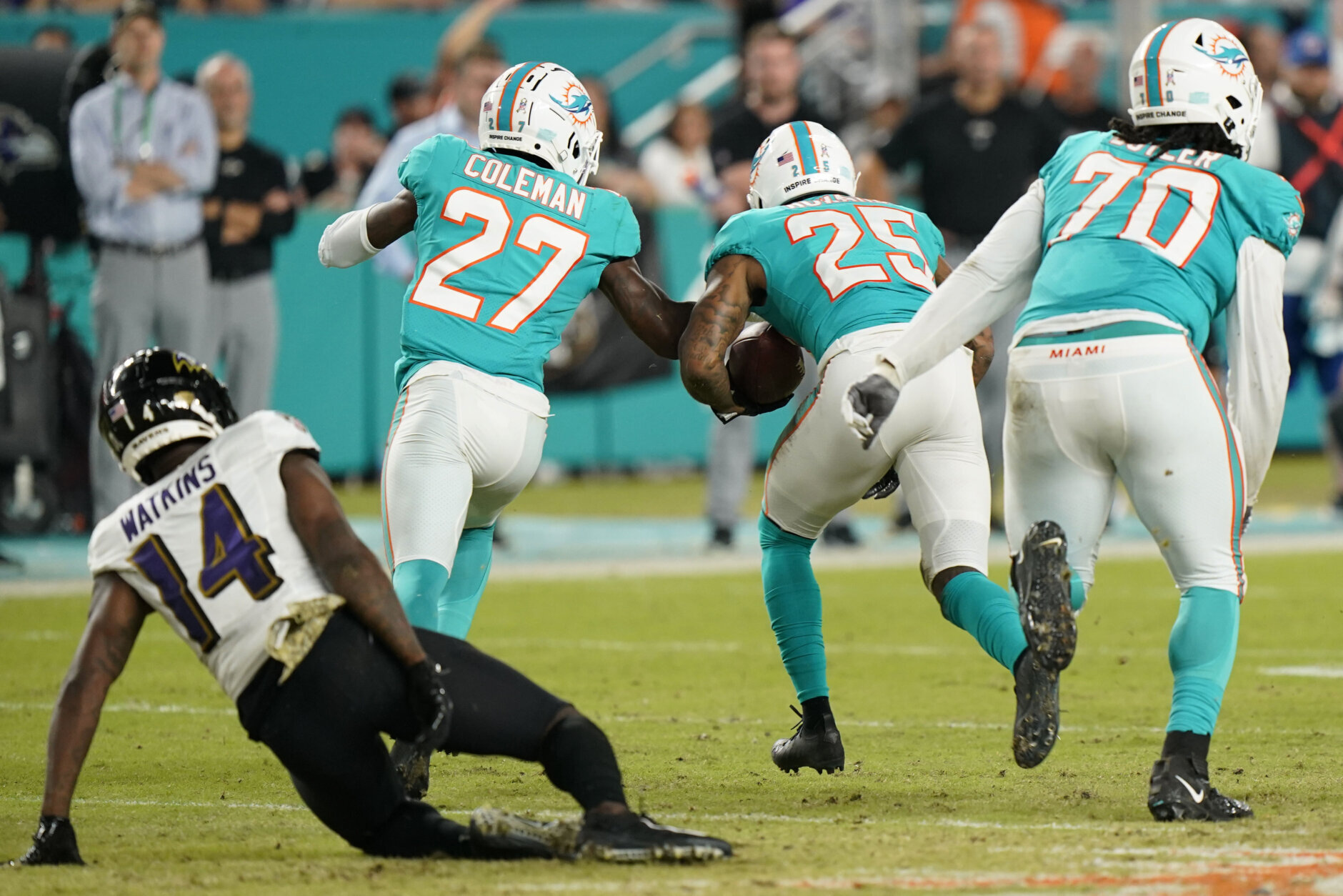 <p><b><i>Ravens 10</i></b><br />
<b><i>Dolphins 22</i></b></p>
<p>Baltimore had not only beaten Miami in eight of the last nine meetings — the Ravens won the last three meetings 137-16. Lamar Jackson&#8217;s streak of 45 straight starts scoring at least 14 points ended near his hometown. After <a href="https://profootballtalk.nbcsports.com/2021/11/12/dolphins-safeties-blitzed-more-than-any-defensive-backs-since-2015/">Miami&#8217;s merciless blitzing</a>, the Ravens have to hope their season doesn&#8217;t come down to this surprising no-show.</p>
