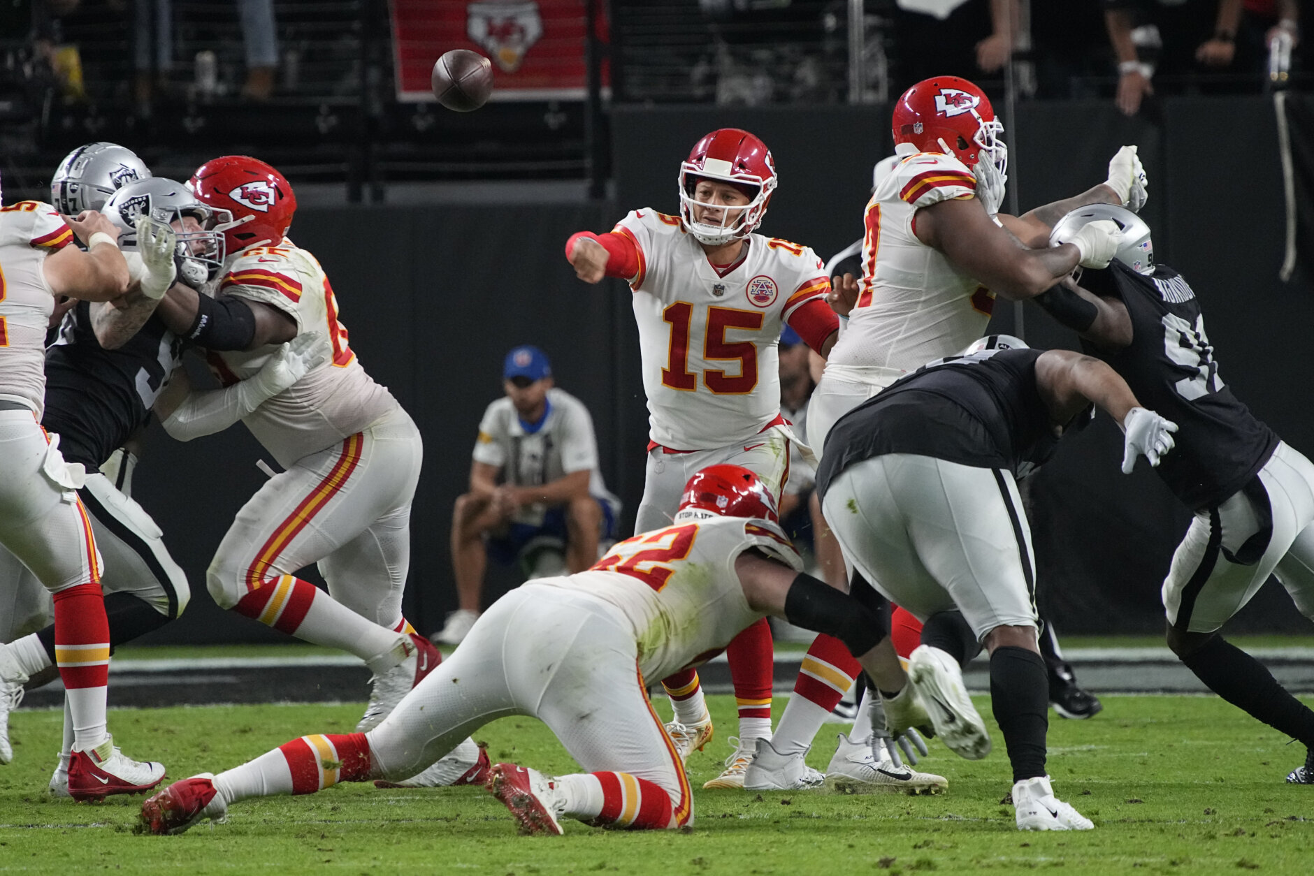 <p><b><i>Chiefs 41</i></b><br />
<b><i>Raiders 14</i></b></p>
<p>Now that&#8217;s the Kansas City Chiefs we know and fear.</p>
<p><a href="https://www.kansascity.com/sports/nfl/kansas-city-chiefs/article255699911.html" target="_blank" rel="noopener">Patrick Mahomes said he was going to take his shots</a>, and boy did he, <a href="https://twitter.com/ESPNStatsInfo/status/1460104459057565704?s=20" target="_blank" rel="noopener">matching Hall of Fame legends</a> with his third career 400-yard, 5-TD game to help Andy Reid pass Curly Lambeau for fifth on the all-time coaching wins list. Heaven help us all if Mahomes goes on a hot streak.</p>
