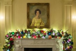 A portrait of first lady Claudia "Lady Bird" Johnson in the Vermeil Room of the White House during a press preview of the White House holiday decorations, Monday, Nov. 29, 2021, in Washington. (AP Photo/Evan Vucci)