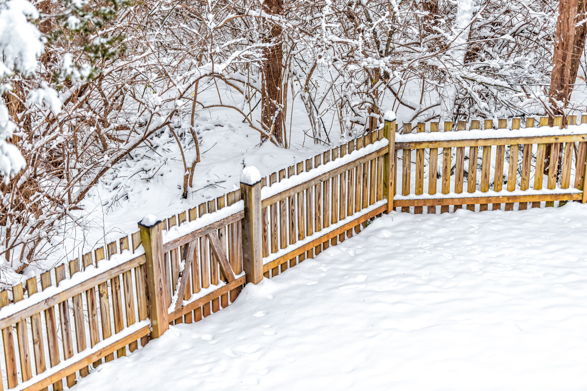 Wooden backyard fence of house with trees forest in neighborhood with snow covered ground during blizzard white storm snowflakes and small gate door
