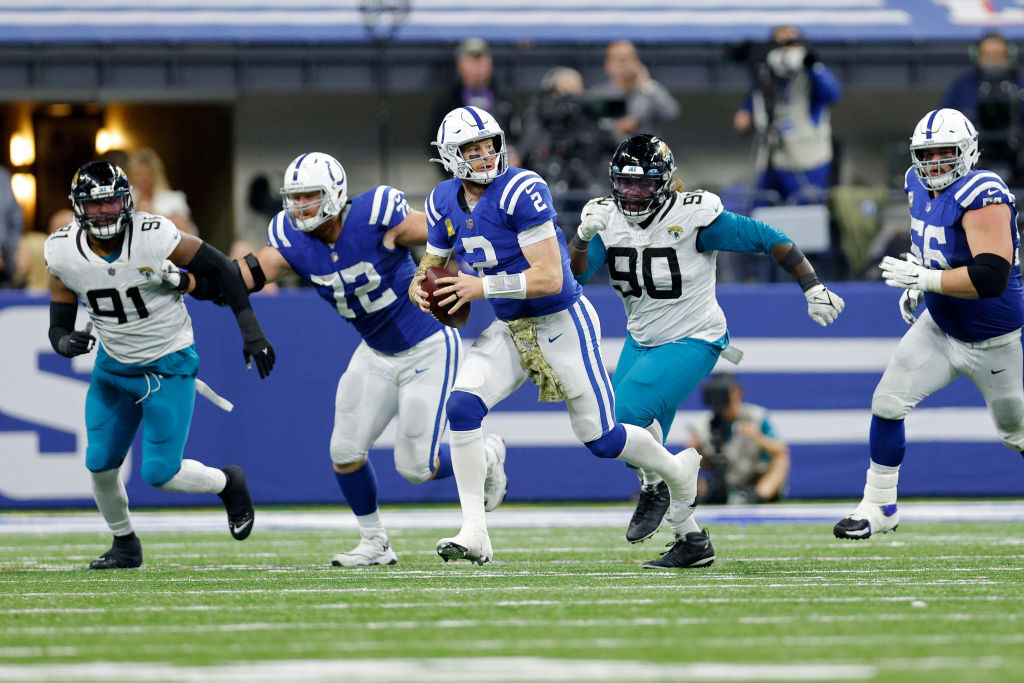 <p><b><i>Jaguars 17</i></b><br />
<b><i>Colts 23</i></b></p>
<p>It was fitting Indianapolis won with the help of a blocked punt at a time when <a href="https://profootballtalk.nbcsports.com/2021/11/10/carson-wentz-says-hell-play-sunday-even-if-he-has-to-miss-his-childs-birth/">Carson Wentz punted on the possibility of choosing his newborn child over this game</a>. Regardless, the Colts are on their way to playoff contention while Jacksonville remains the sad sack franchise it was before last week&#8217;s upset of the Bills.</p>
