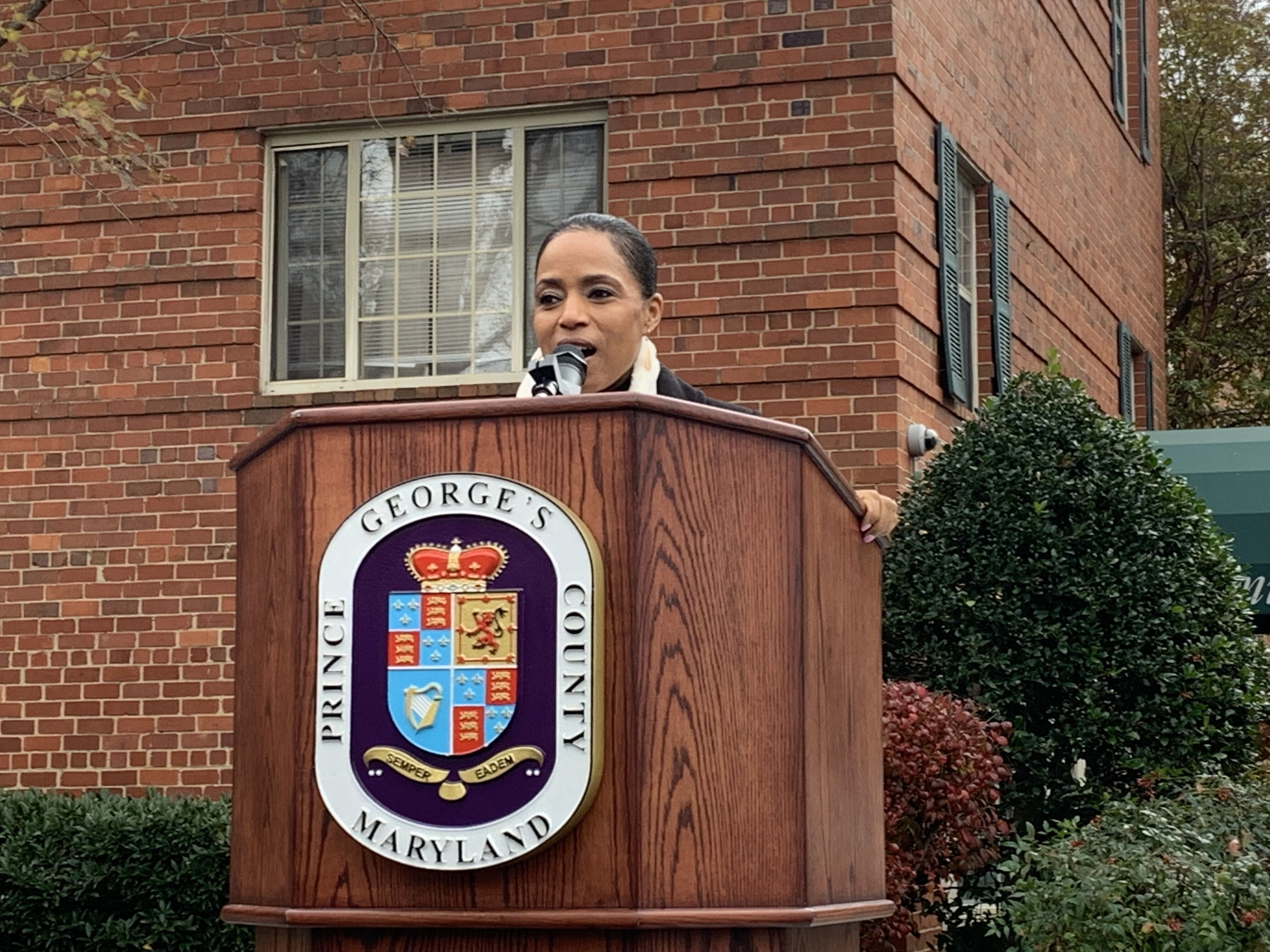 Prince George's County Executive Angela Alsobrooks at Hamilton Manor Apartments in Hyattsville, Md.