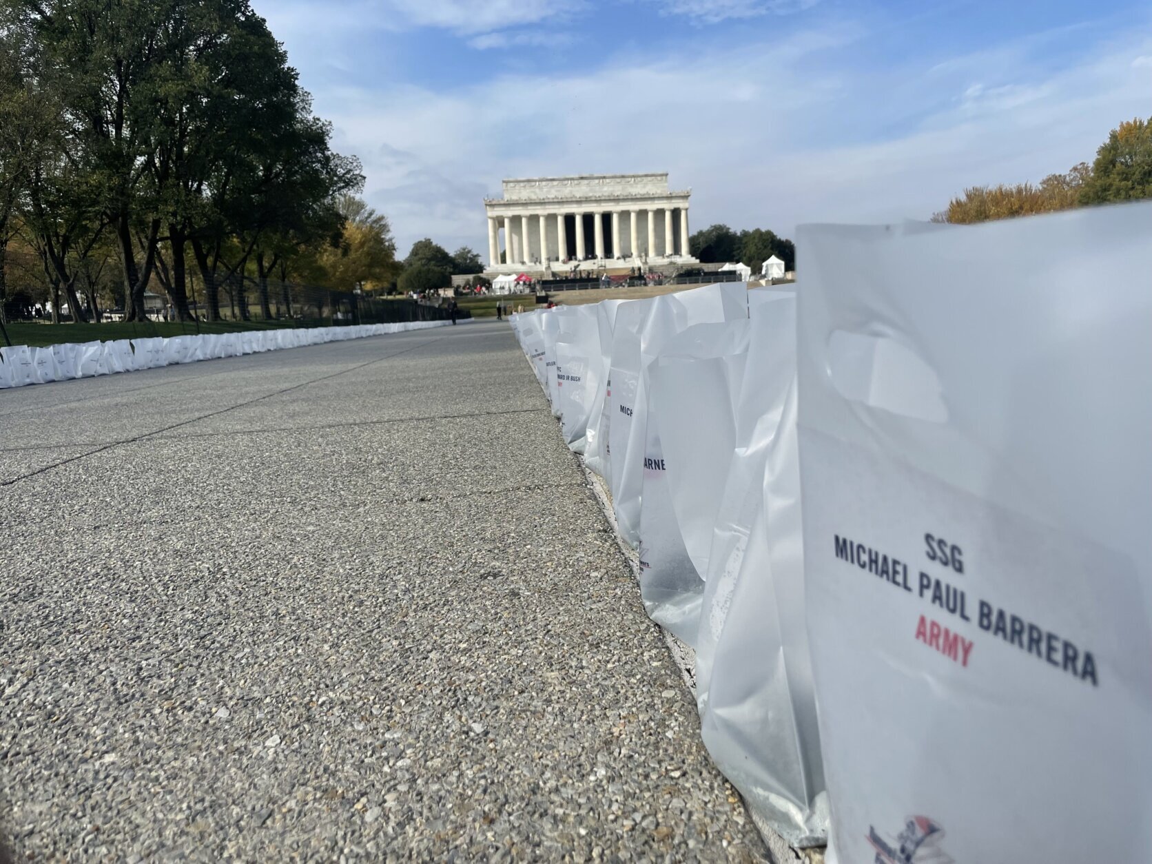 The event was organized by the Tunnels to Towers Foundation. Organizers lined each 7,070 service member’s name in small white bags along the monument’s reflecting pool.