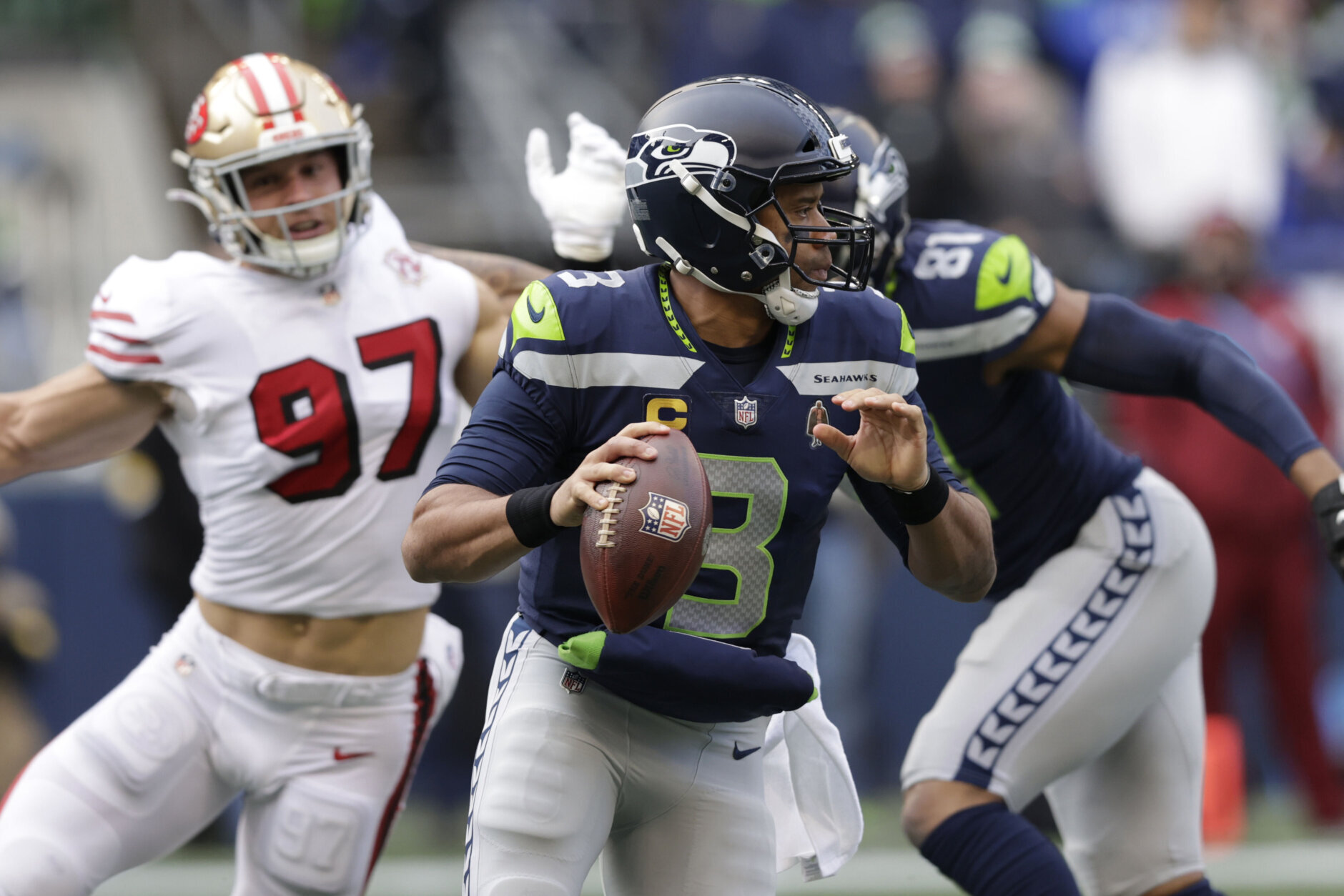 <p><em><strong>49ers 23</strong></em><br />
<em><strong>Seahawks 30</strong></em></p>
<p>I don&#8217;t think Seattle makes the playoffs but this was a reminder that Russell Wilson and company won&#8217;t just go quietly into the night. The Seahawks are here to play spoiler.</p>
