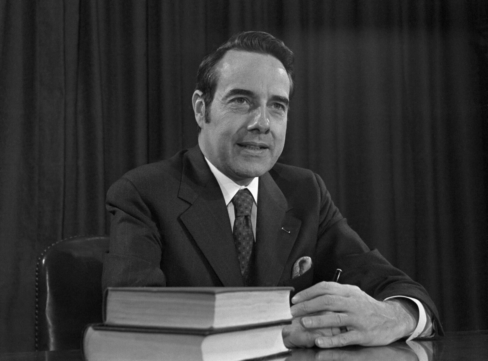 Sen. Robert Dole of Kansas confirms he is Pres. Richard Nixons choice to take over the chairmanship of the Republican National Committee, Jan. 6, 1971, Washington, D.C. Dole says his primary job as chairman will be to re-elect Pres. Nixon. (AP Photo/Henry Griffin)