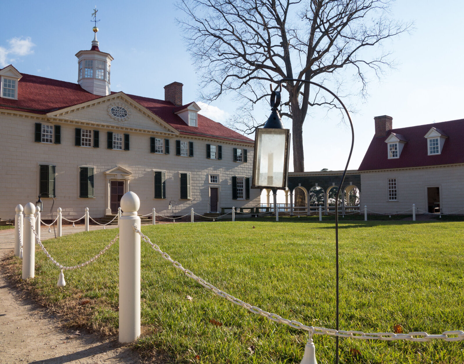 President George Washington home at Mount Vernon in Virginia with candle framing entrance