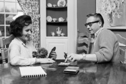 <p>FILE &#8211; Allen Ludden and his wife Betty White plays a game of cards in their home in Westchester, N.Y. on April 29, 1965. (AP Photo/Bob Wands, File)</p>
