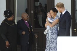 <p>Britain&#8217;s Prince Harry and Meghan, Duchess of Sussex (shown holding their son, Archie) met Desmond Tutu and his wife Leah in Cape Town in 2019.</p>
