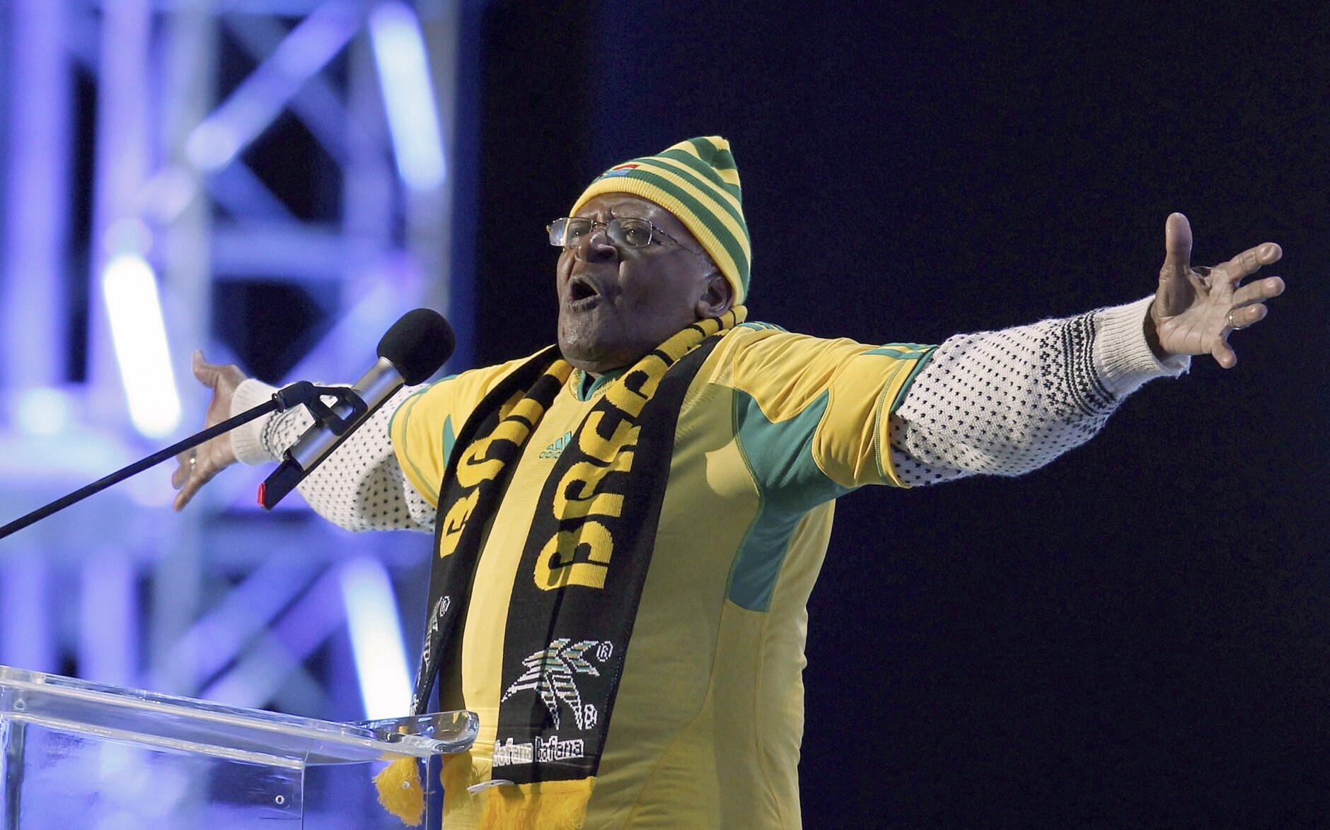 <p>In this 2010 file photo, Desmond Tutu gestures during the opening concert for the World Cup at Orlando stadium in Soweto, South Africa.</p>
