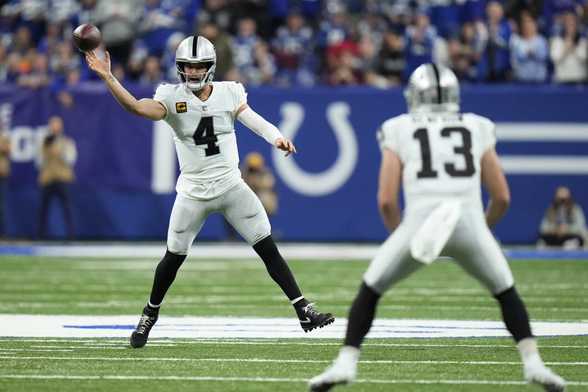 <p><em><strong>Raiders 23</strong></em><br />
<em><strong>Colts 20</strong></em></p>
<p>On a day in which the entire NFL remembered the late, great John Madden, the Silver and Black came back to ensure Las Vegas&#8217; first Week 18 will be meaningful.</p>
<p>In a separate Raiders homage, does anyone else notice that the longer Derek Carr&#8217;s hair gets, the more he looks like Lyle Alzado?</p>
<blockquote class="twitter-tweet" data-width="500" data-dnt="true">
<p lang="en" dir="ltr">How come Derek Carr looks like Lyle Alzado <a href="https://twitter.com/hashtag/travelingcoach56?src=hash&amp;ref_src=twsrc%5Etfw">#travelingcoach56</a> <a href="https://t.co/HOj4w9ZHGq">pic.twitter.com/HOj4w9ZHGq</a></p>
<p>&mdash; C_Mascolo (@traveling_coach) <a href="https://twitter.com/traveling_coach/status/1457417333409001473?ref_src=twsrc%5Etfw">November 7, 2021</a></p></blockquote>
<p><script async src="https://platform.twitter.com/widgets.js" charset="utf-8"></script></p>
