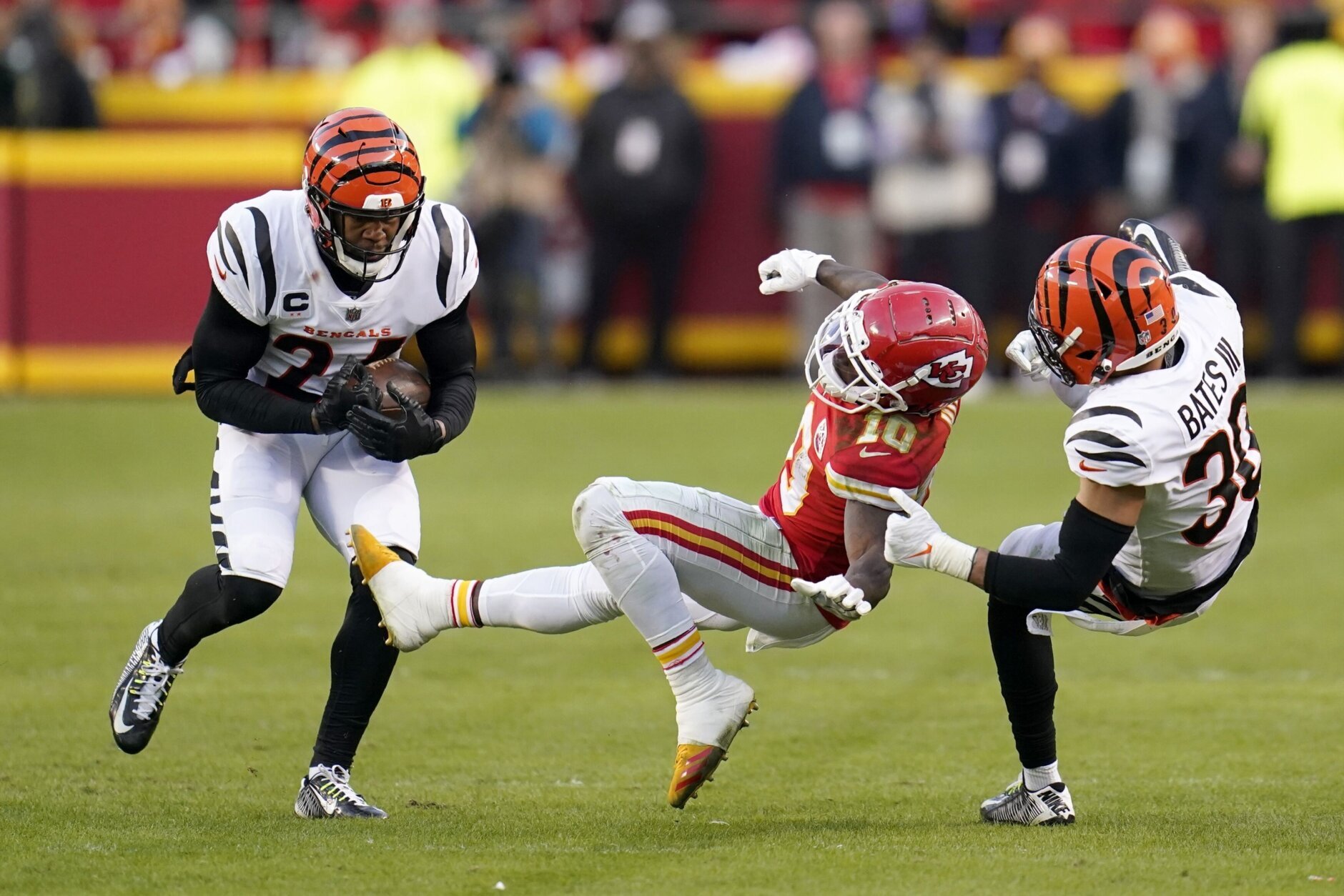<p><em><strong>Bengals 27</strong></em><br />
<em><strong>Chiefs 24 (OT)</strong></em></p>
<p>On the day <a href="https://wtop.com/entertainment/2022/01/howard-hesseman-known-for-role-in-wkrp-in-cincinnati-dies-at-81/" target="_blank" rel="noopener">Dr. Johnny Fever died</a>, a new Cincinnati legend was born.</p>
<blockquote class="twitter-tweet" data-width="500" data-dnt="true">
<p lang="en" dir="ltr">The moment we should have known. <a href="https://t.co/ULD5uyyMjo">pic.twitter.com/ULD5uyyMjo</a></p>
<p>&mdash; Field Yates (@FieldYates) <a href="https://twitter.com/FieldYates/status/1487930210746085382?ref_src=twsrc%5Etfw">January 30, 2022</a></p></blockquote>
<p><script async src="https://platform.twitter.com/widgets.js" charset="utf-8"></script></p>
<p>Joe Burrow led the Bengals back from an 18-point deficit in KC, matching the second-largest road postseason comeback in NFL history. He&#8217;s also the second QB since 1950 to lead a game-winning drive in back-to-back road playoff games since Colin Kaepernick (remember him?). Burrow and <a href="https://twitter.com/ESPNStatsInfo/status/1487911561704271873?s=20&amp;t=ZwGM27_DxHf3YQ-SXbiy6w" target="_blank" rel="noopener">his rookie friends are legit</a> — so this result should not have come as a surprise.</p>
<p>Here&#8217;s another reason why it shouldn&#8217;t surprise you — including this Kansas City loss, playoff teams that survived an overtime game have gone 8-18 the following game. <a href="https://profootballtalk.nbcsports.com/2022/01/30/andy-reid-i-couldve-called-a-better-play-at-end-of-first-half/" target="_blank" rel="noopener">The Chiefs had their chances</a> but this was about the Bengals, who came in and seized their first Super Bowl trip in 33 years. We&#8217;ll see if the above statistic comes into play in L.A. in two weeks but regardless, <a href="https://nypost.com/2022/01/24/bengals-eli-apple-tears-into-giants-saints-on-twitter/" target="_blank" rel="noopener">Eli Apple at Media Day promises to be fun</a>.</p>
